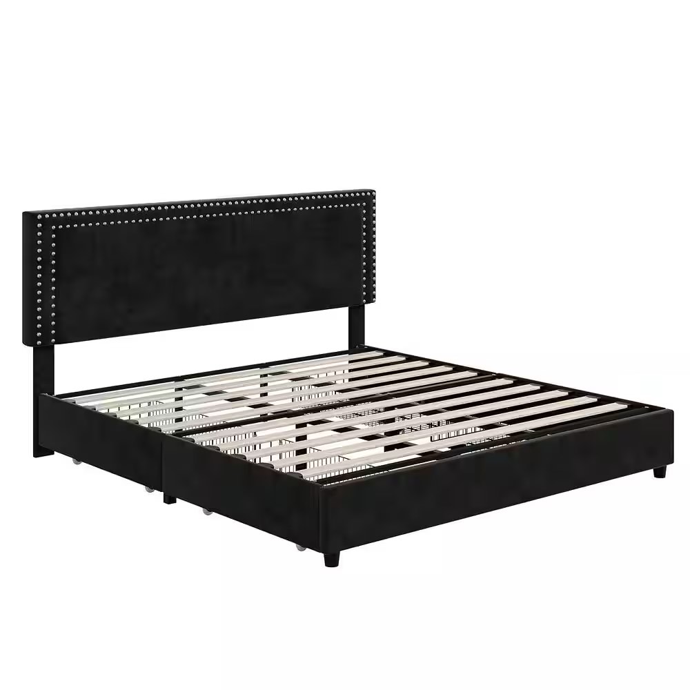 platform bed frame black metal frame queen size platform bed with 4 storage drawers, upholstered bed with headboard