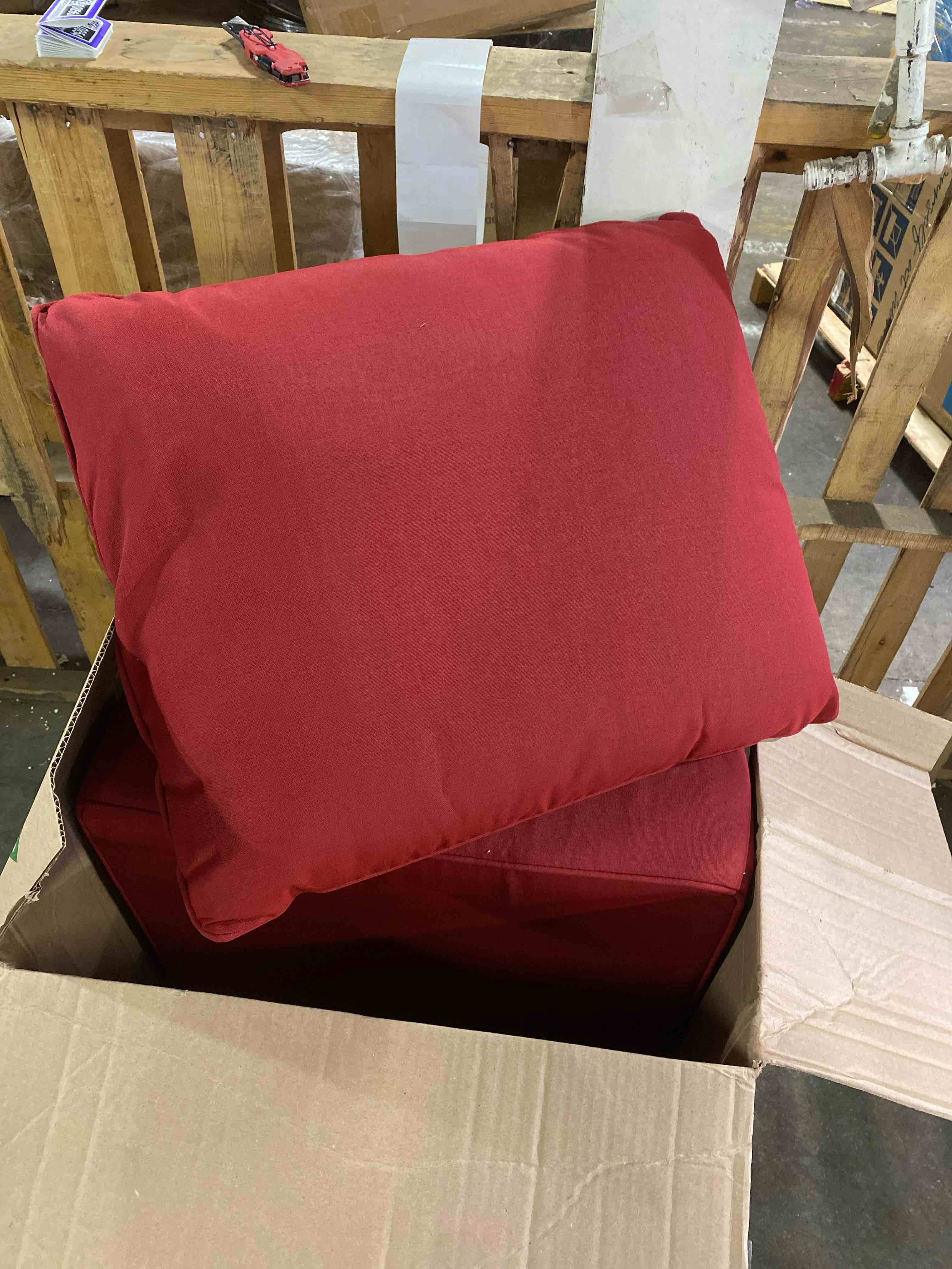 Condition photo showing New/Like New for ( one back and one bottom only) outdoor patio chair cushions set, 24" x 24", set of 2, water-repellent, fade resistant, deep seat bottom and back cushion for backyard, couch, sofa and patio furniture, red