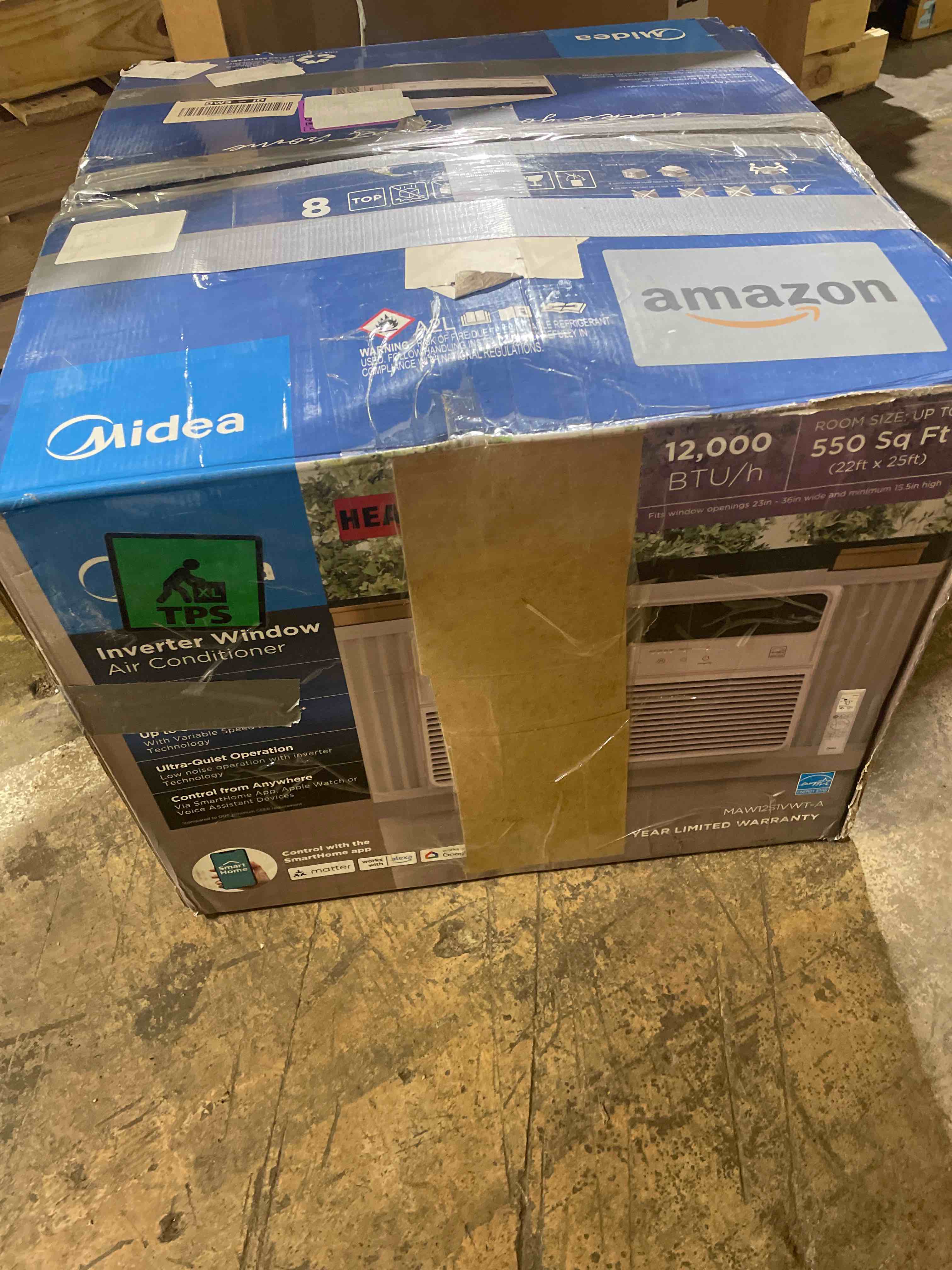 Condition photo showing As Is for 12,000 btu (doe) 115 volts windwo air conditioner cools 550sq. ft. with remote in white (used)