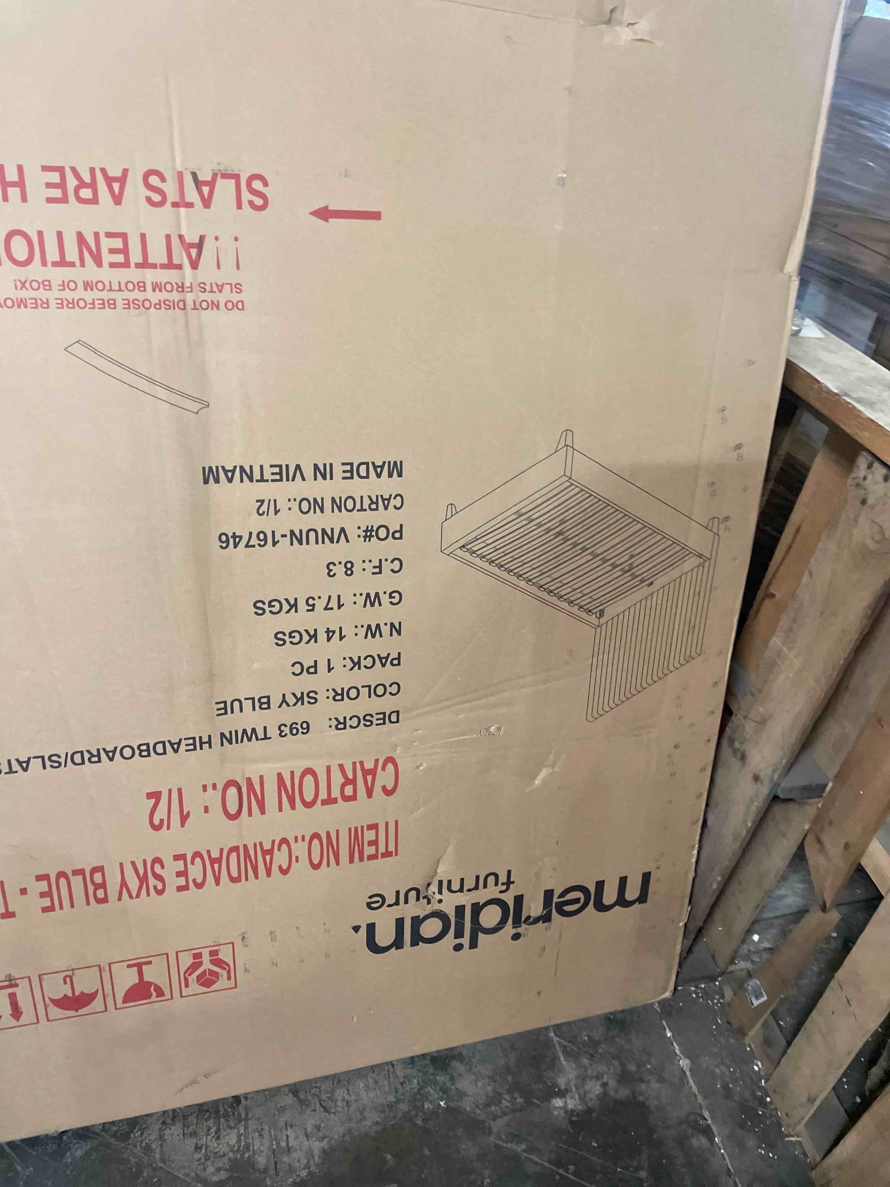 Condition photo showing As Is for roundhill furniture vichy twin platform bed with corduroy upholstery in light walnut (only headboard)