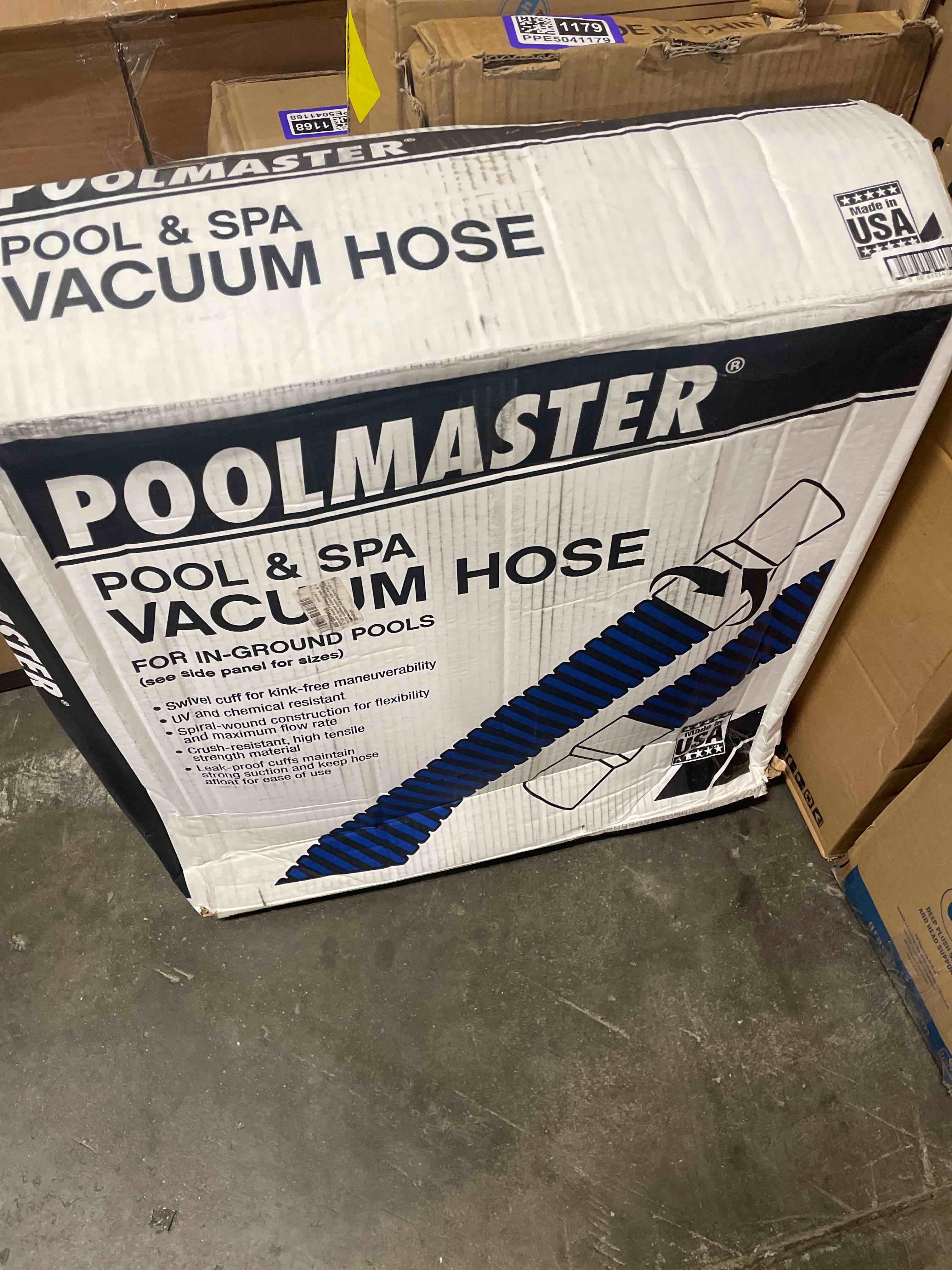 Condition photo showing New/Like New for poolmaster manual pool vacuum hose, 40 ft x 1-1/2” for inground & above ground pools, not for automatic cleaners, kink-free, heavy duty pool cleaner hose with swivel cuff – made in usa