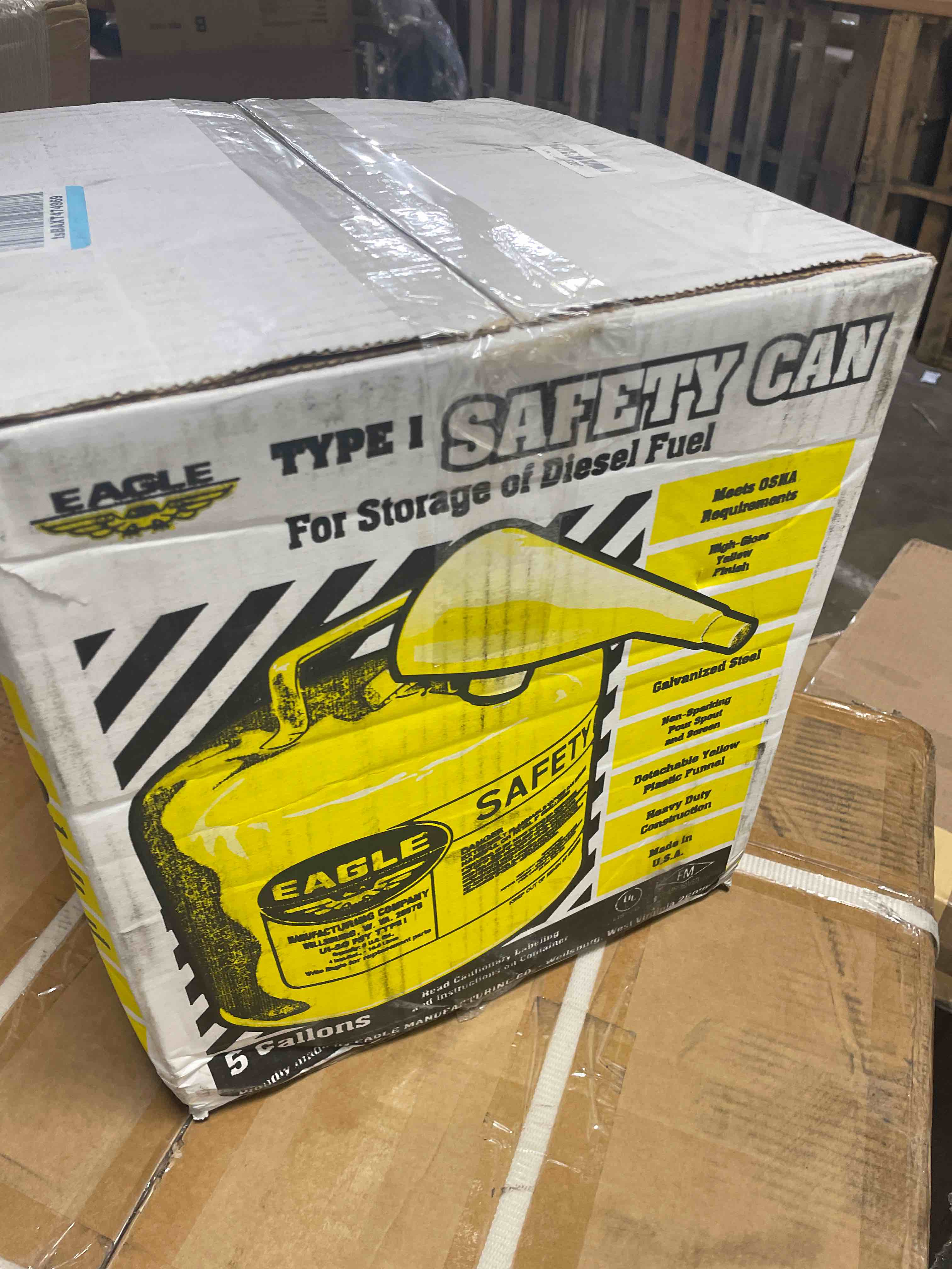Condition photo showing New/Like New for eagle 5 gallon type i yellow safety gas can for diesel | flame arrester, self-closing lid, and f-15 funnel, made in the usa, galvanized steel flammable storage can, ui50fsy