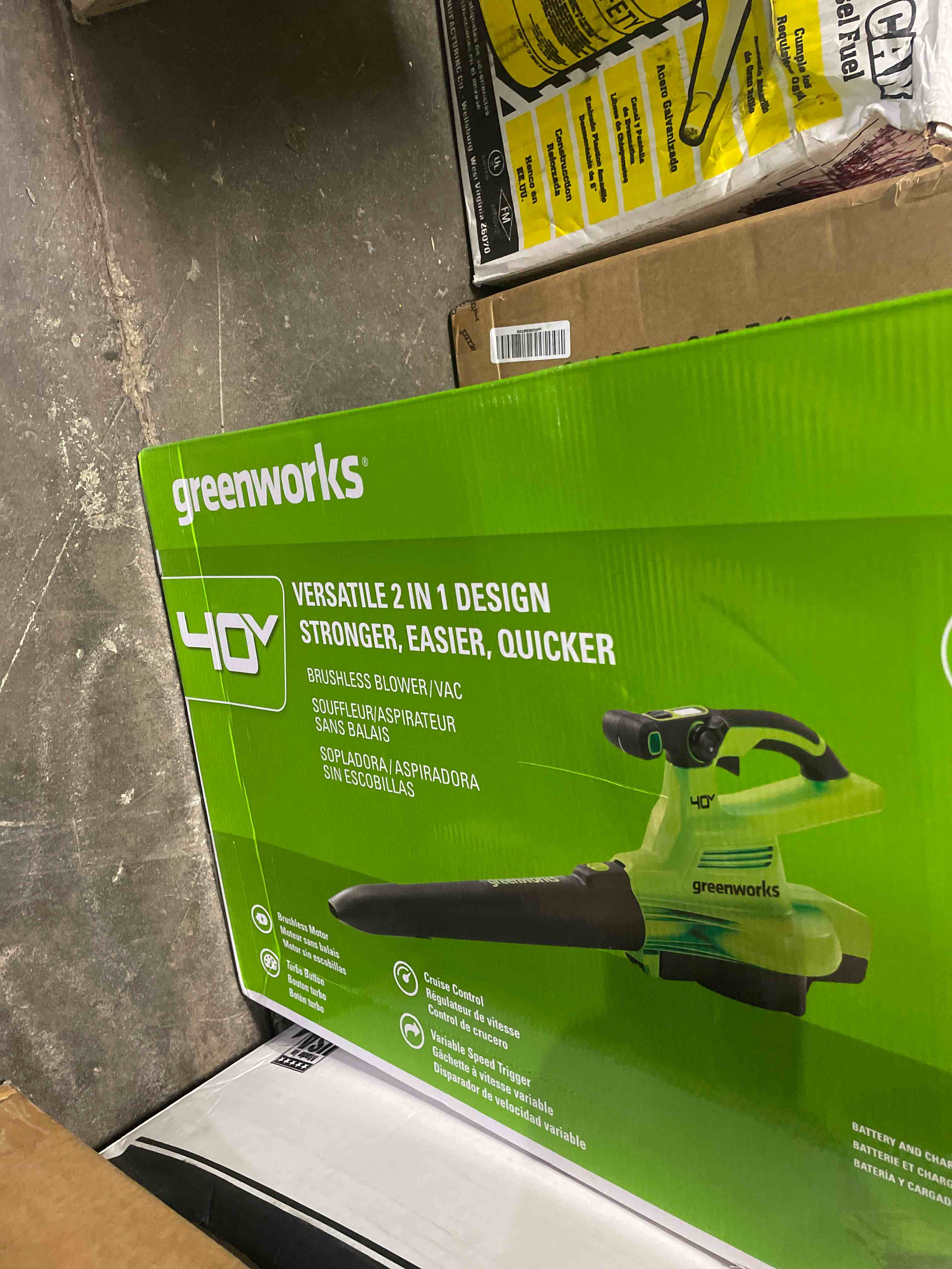 Condition photo showing New/Like New for greenworks 40v (230 mph / 505 cfm / 75+ compatible tools) cordless brushless leaf blower / vacuum, tool only