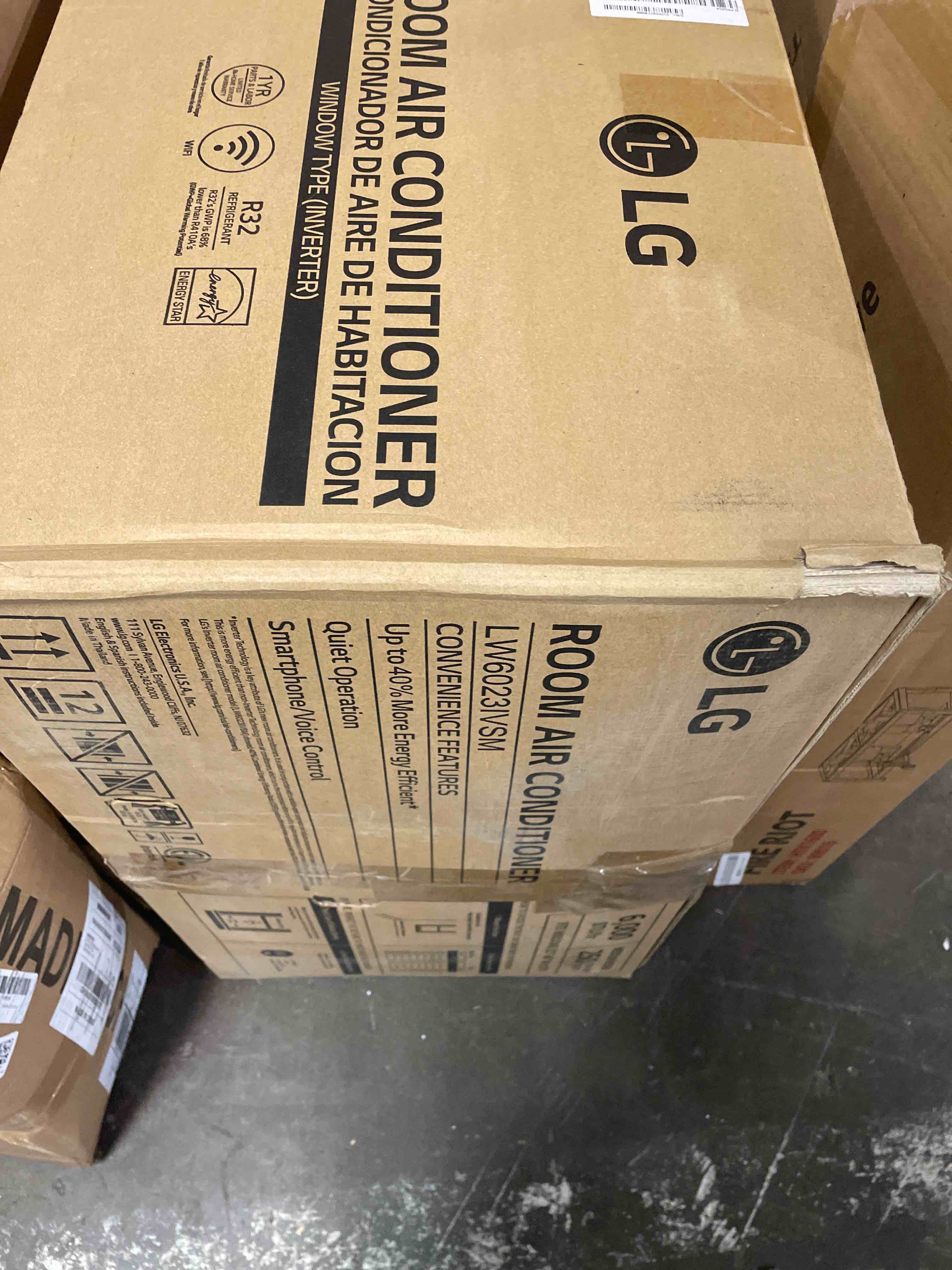 Condition photo showing As Is for lg 6000 btu window air conditioner energy saving dual inverter, remote control, wifi, lg thinq, alexa, hey google enabled washable filer ultra-quiet cools small room up to 250 sq.ft white lw6023ivsm 1 count (pack of 1) wifi & high efficiency white (used)
