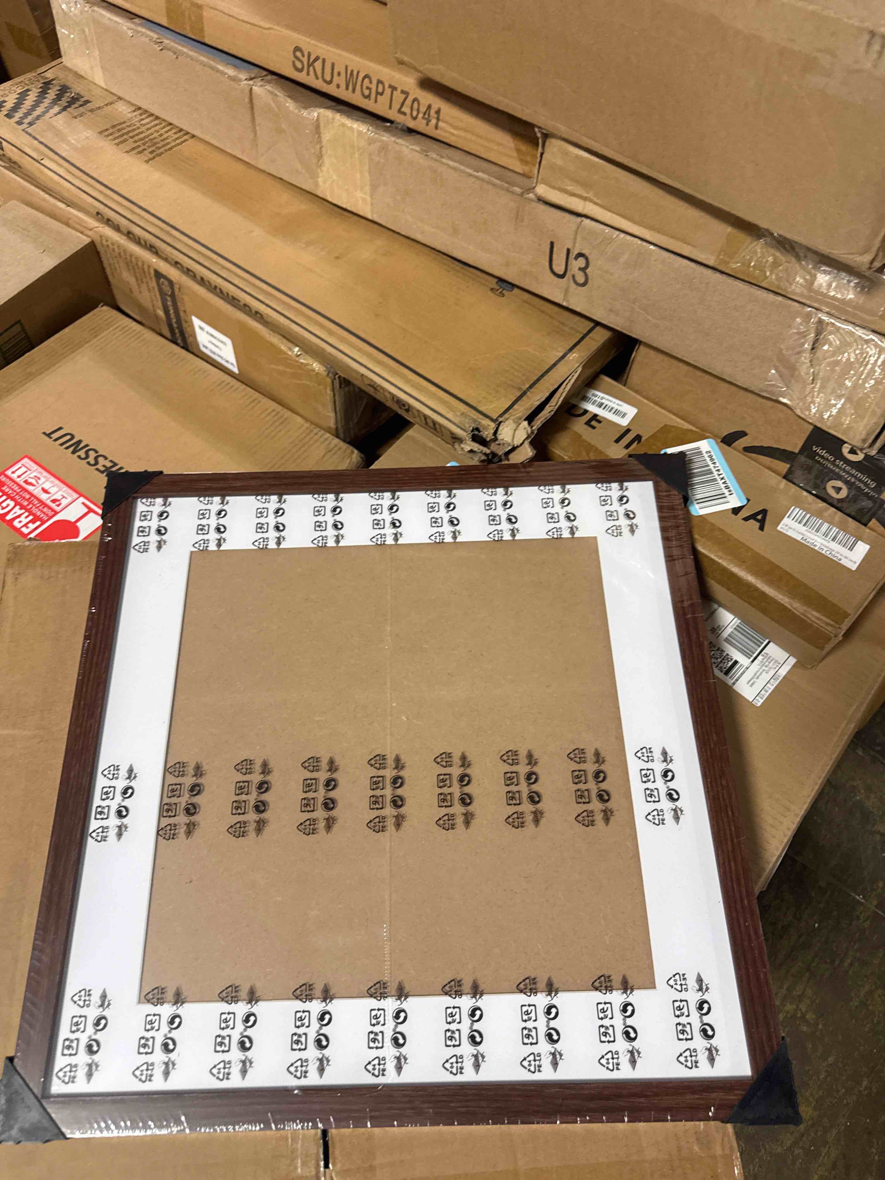 Condition photo showing New/Like New for americanflat 24x24 picture frame in mahogany - use as 20x20 picture frame with mat or 24x24 frame without mat - wide engineered wood frame, plexiglass cover, and hanging hardware for wall