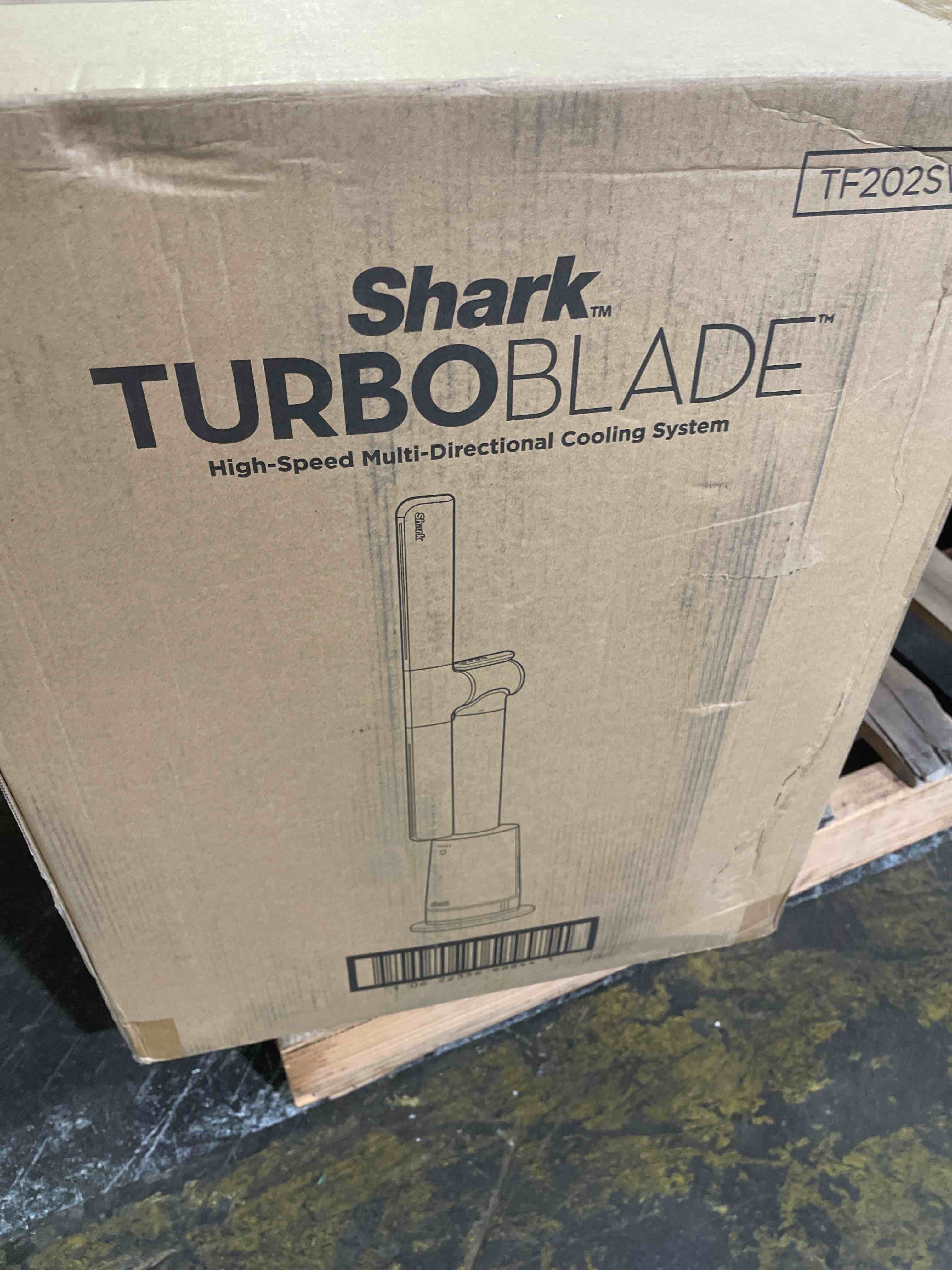 Condition photo showing As Is for shark turboblade fan—ultra-customizable bladeless tower fan, pivots, twists, oscillates 180°, circulates and propels air, 10 noise levels + 10 speeds, easy to clean, dove, tf202swh (used)