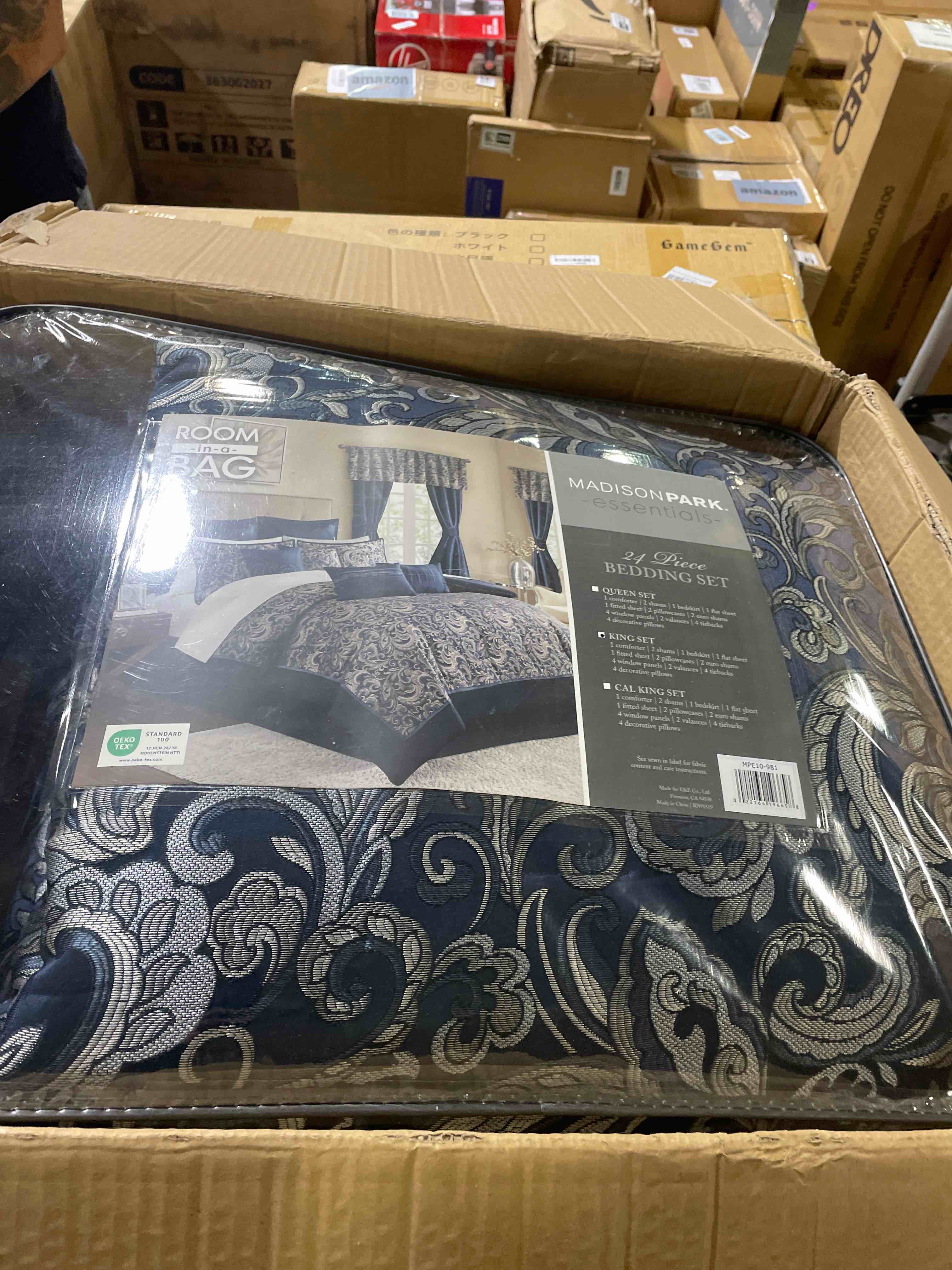 Condition photo showing New/Like New for madison park 24pc king isabella room in a bag navy: luxury polyester faux silk, transitional style