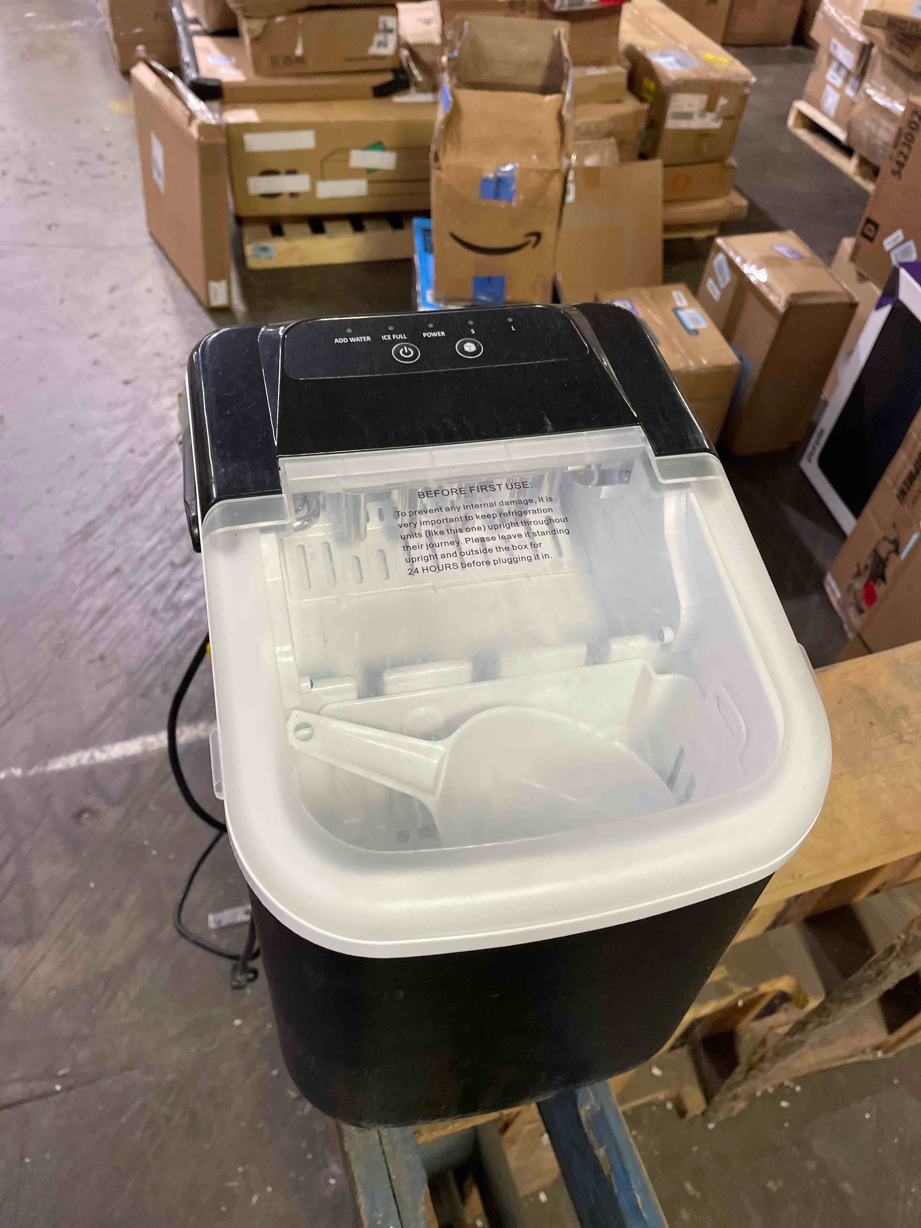 Condition photo showing As Is for sweetcrispy countertop ice maker with scoop, basket and handle, portable ice machine 9 cubes ready in 6 mins, 26.5lbs in 24hrs, 2 sizes for home kitchen office bar party (used)