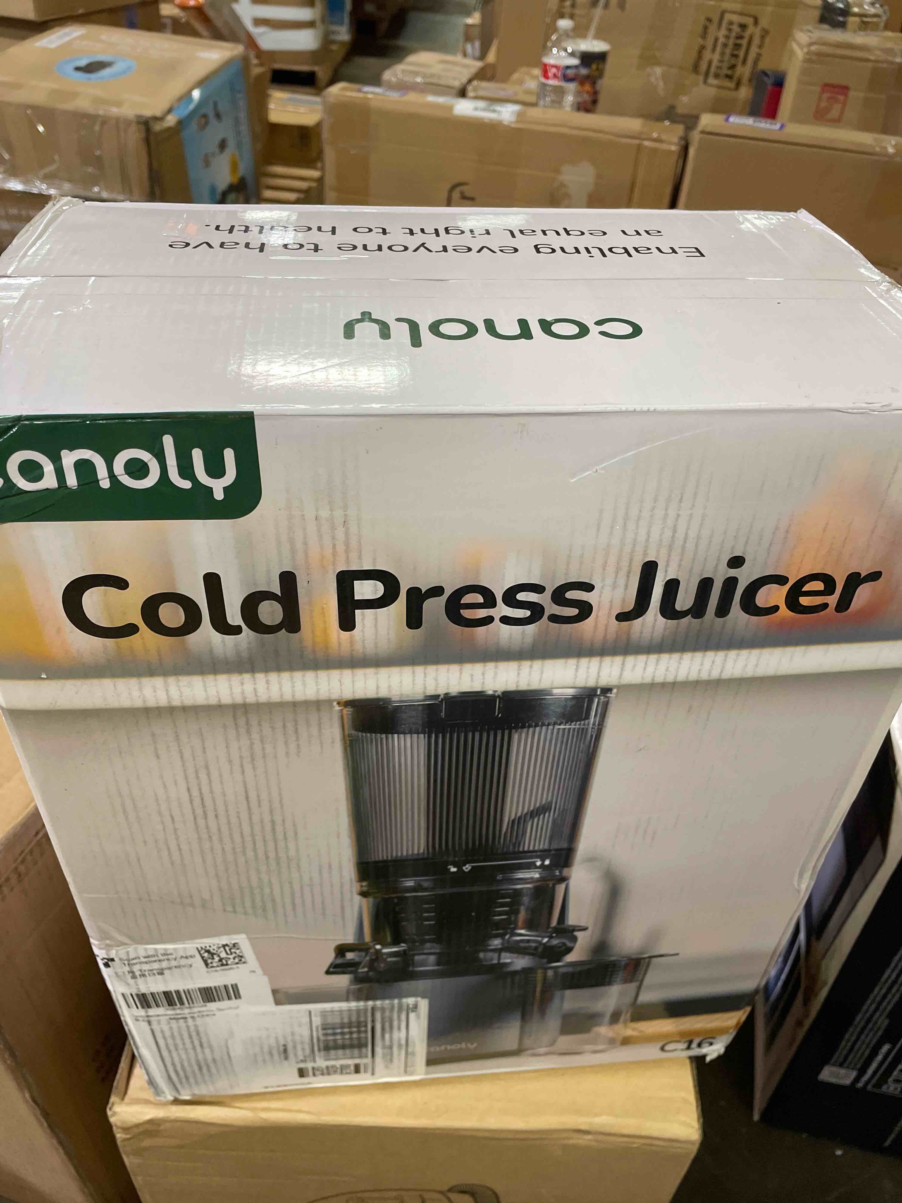Condition photo showing New/Like New for canoly c16 cold press juicer, 6" extra wide feed chute, 3-in-1 strainers (juice & sorbet & nut milk), powerful ac brushless motor, self precut system, juicer machines with bpa-free (space gray)