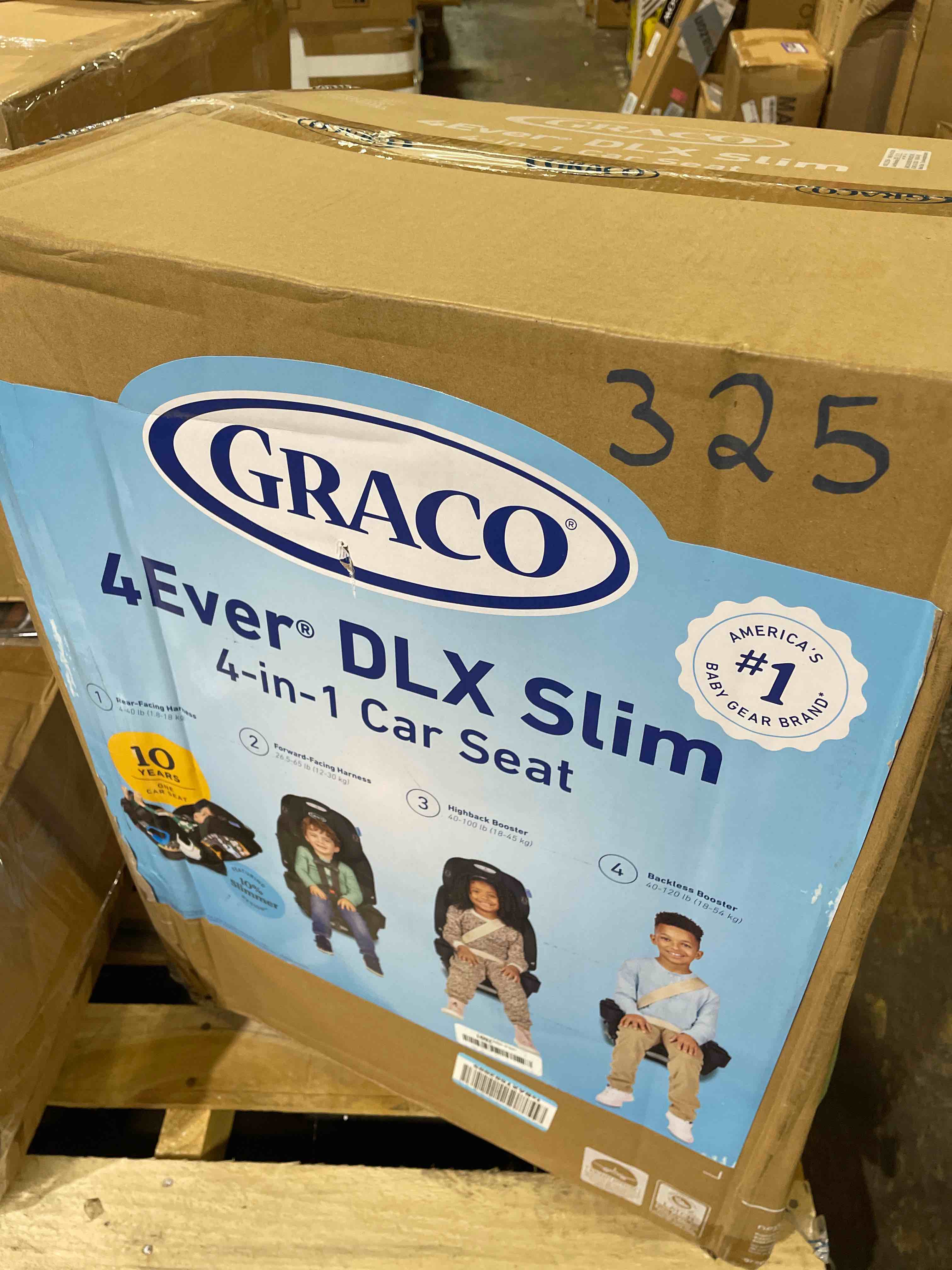 Condition photo showing New/Like New for graco® 4ever dlx slim 4-in-1 infant to toddler car seat, rear facing, forward facing, to high back booster & backless booster, slim car seat saves space & grows with child, thompson 4-in-1 dlx slim thompson
