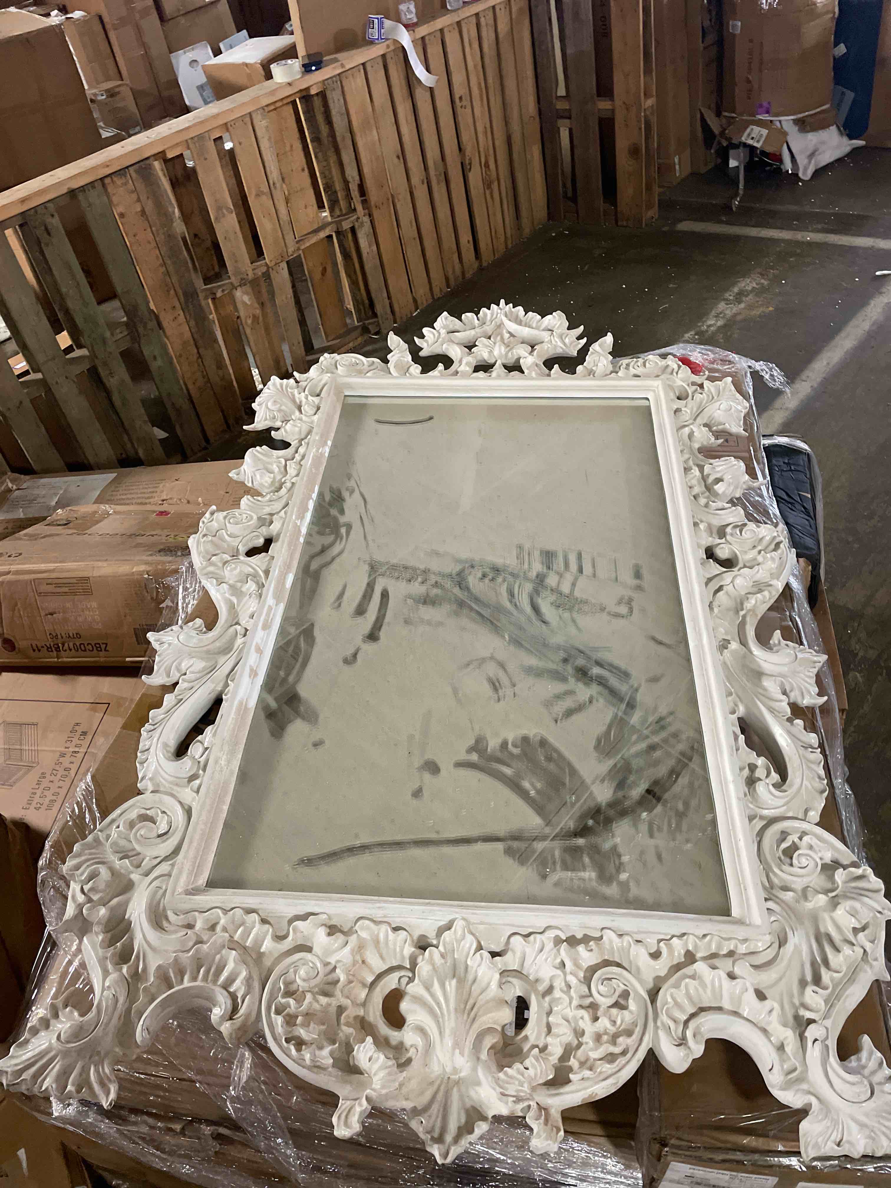 Condition photo showing New/Like New for white french vintage carved wall mirror – rectangular antique hanging mirror for bedroom and living room decor (dirty)