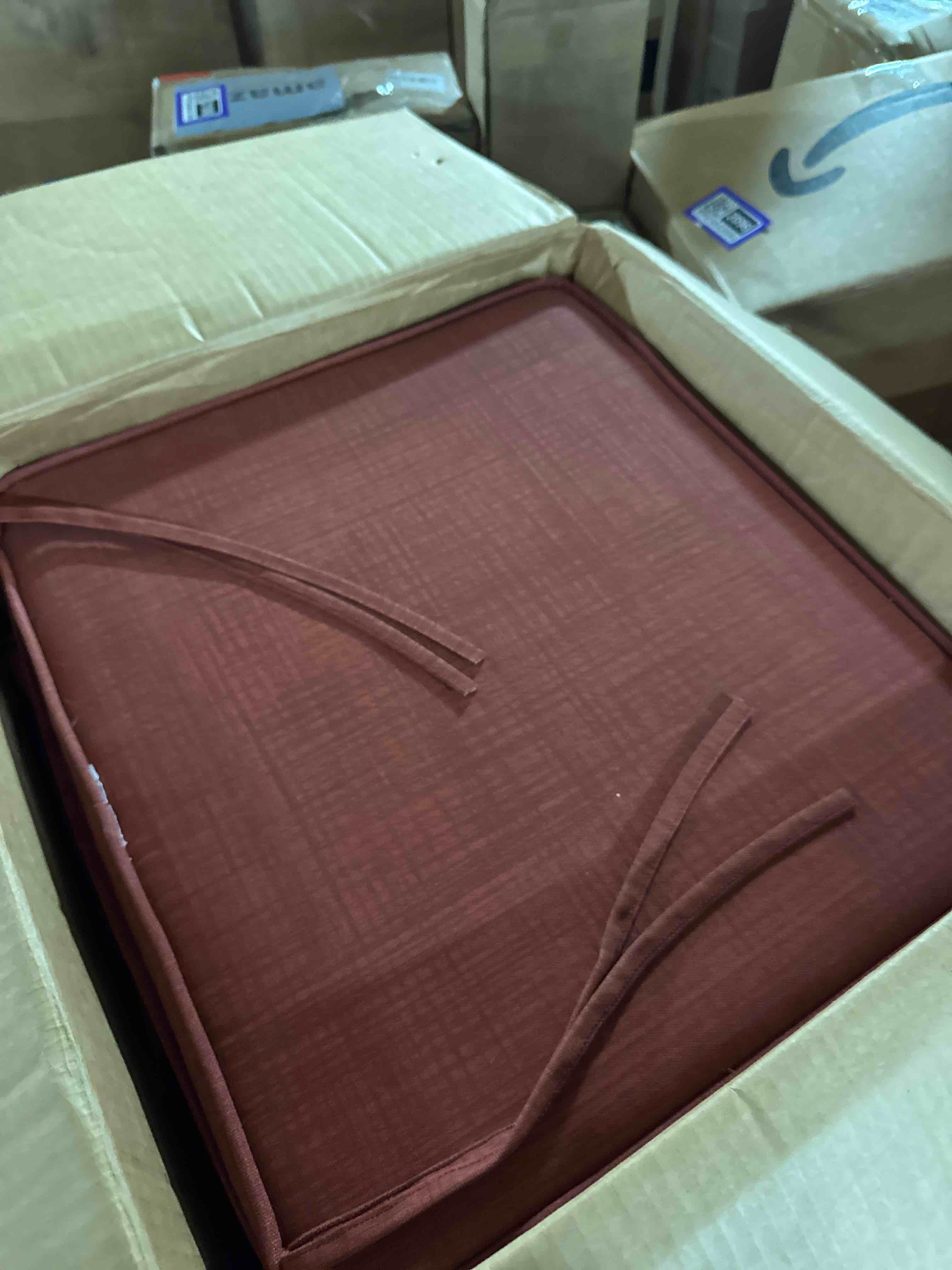 Condition photo showing New/Like New for unimatta sunbrella square corner seat cushions, 18.5" x 16" x 3", set of 4, indoor outdoor water repellent universal chair pads with ties for patio furniture, garden dining chairs, spectrum brick