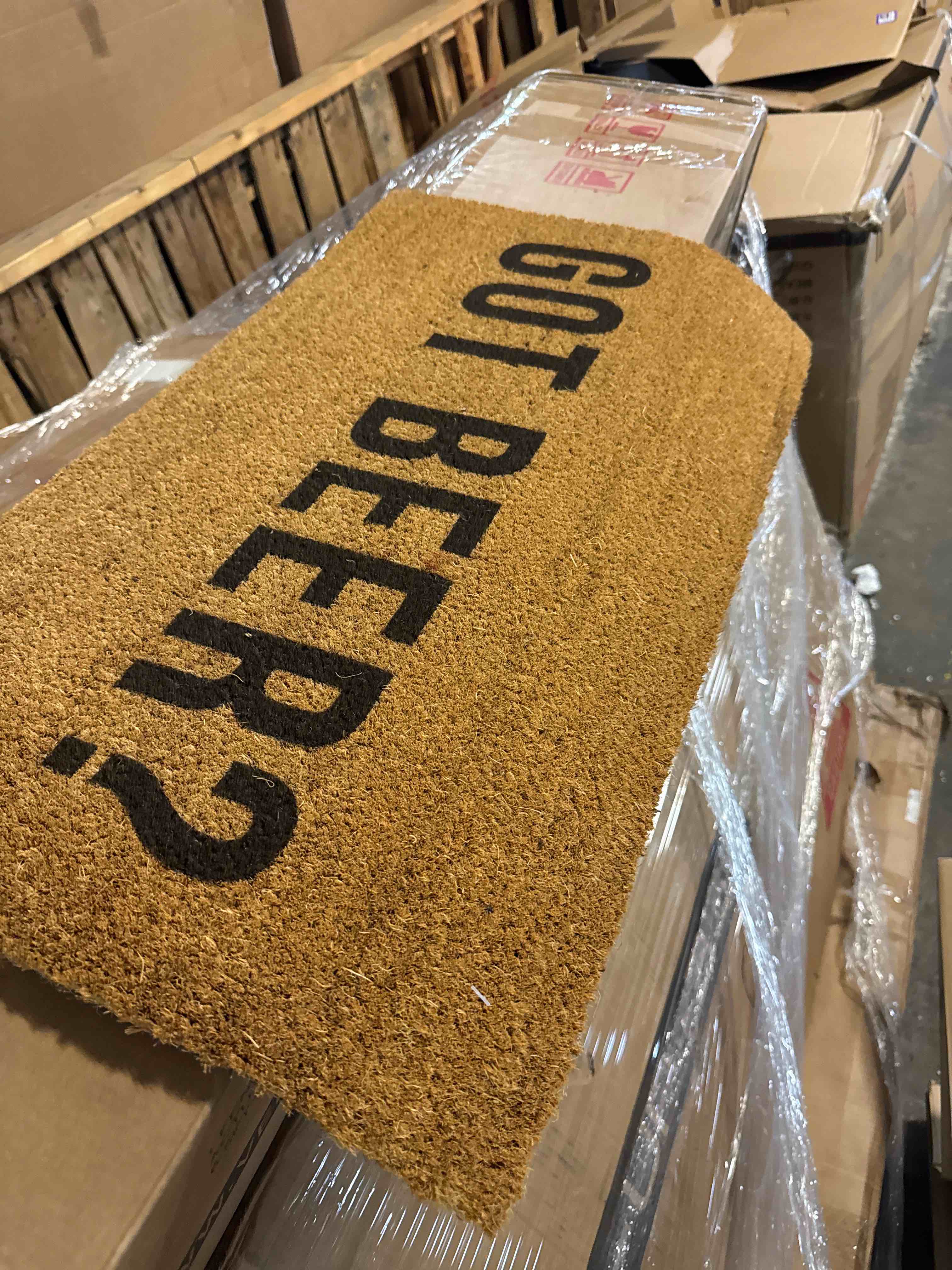 Condition photo showing New/Like New for evergreen flag funny welcome mat coir doormat | 28" x 16" front door mat outdoor entrance | no slip door rugs entryway indoor | got beer?