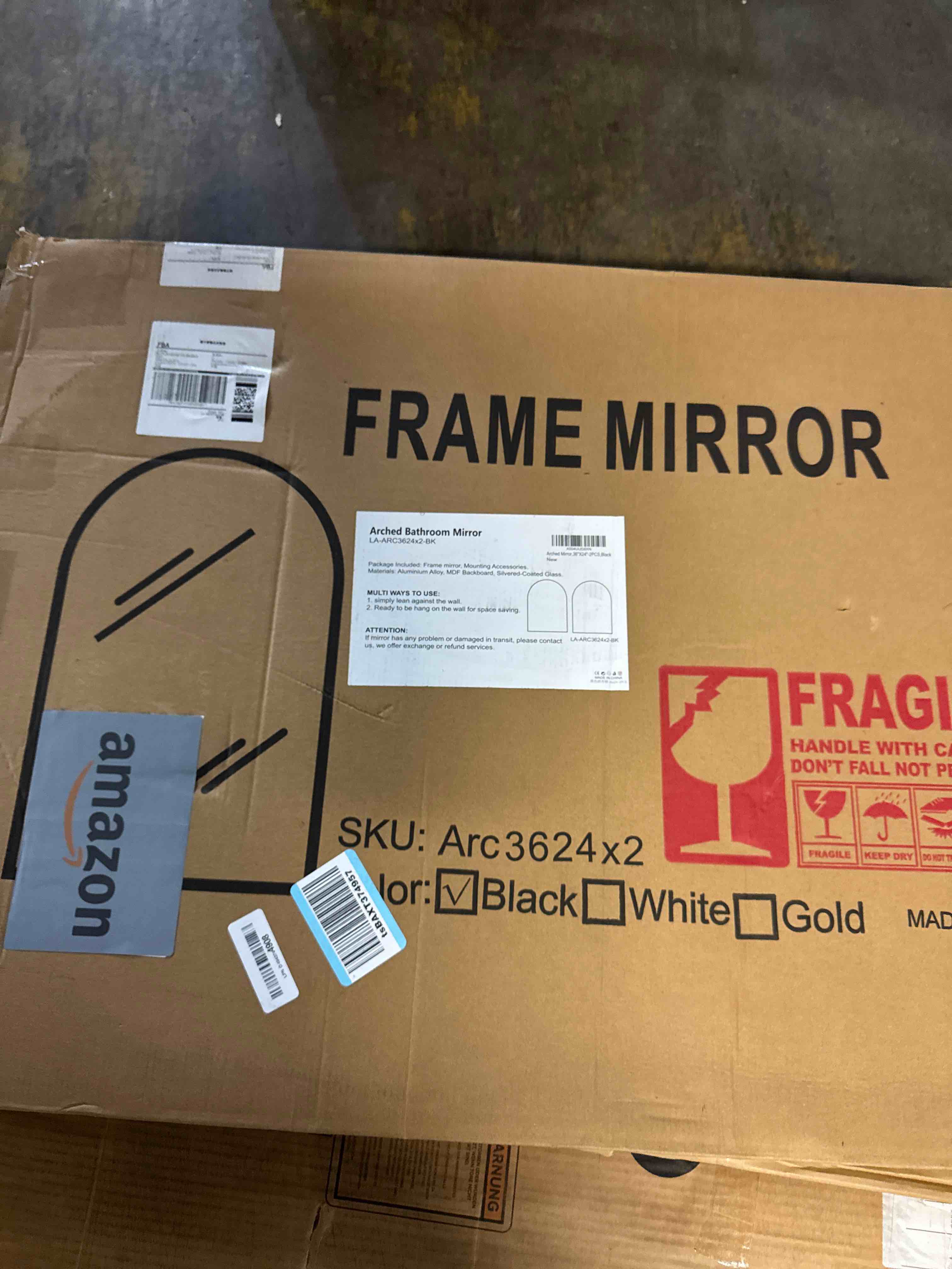 Condition photo showing New/Like New for vanity bathroom mirror for wall, 2 pack 36”x24” arched bathroom mirror for over sink, arched metal frame for bedroom, living room, entryway, hanging or leaning, black