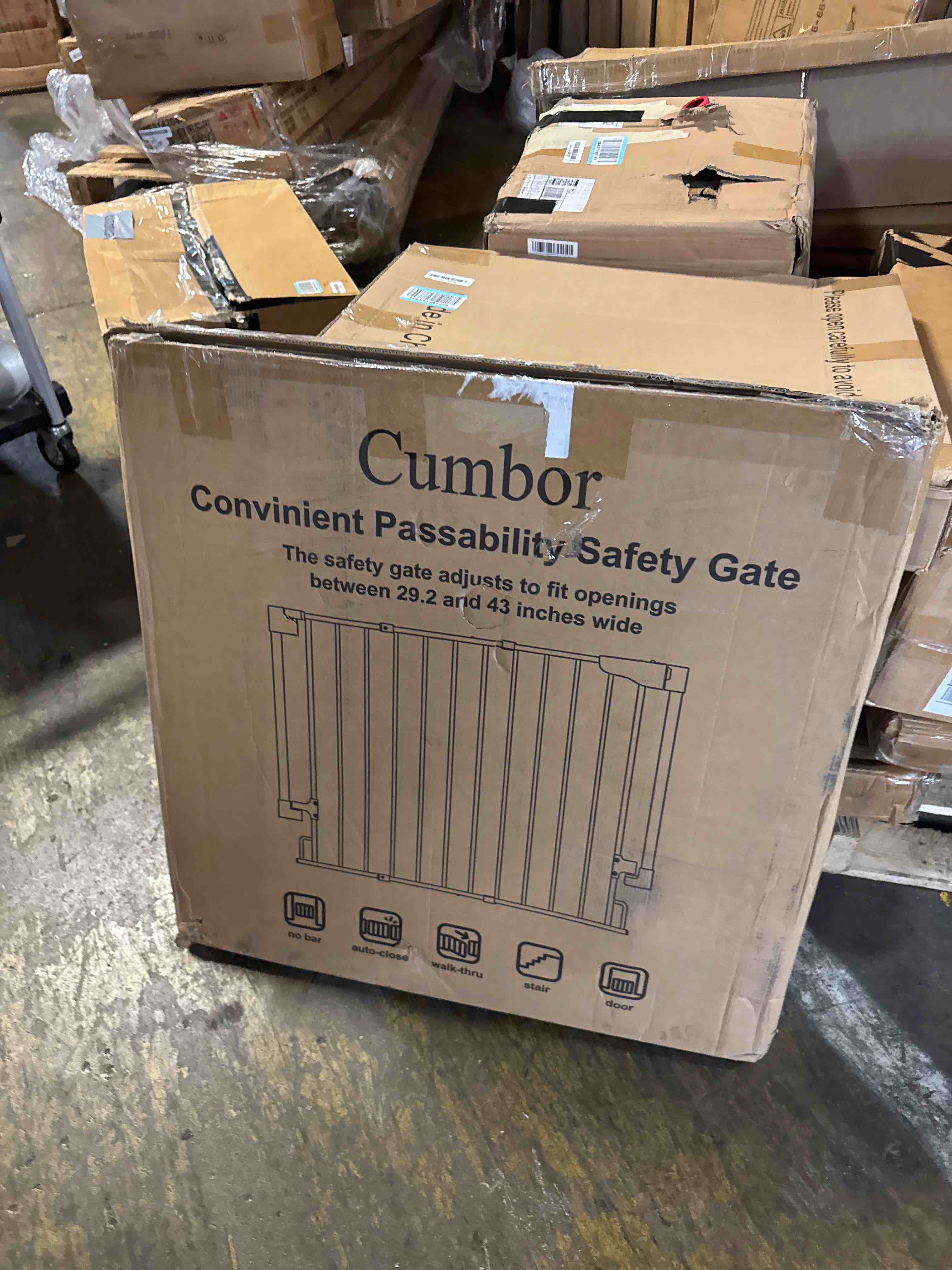 Condition photo showing New/Like New for cumbor 29.2–43" baby gate for stairs, hardware mounted (drill required), expandable no bottom bar dog gate, auto close extra wide walk thru, pet & toddler proof gate, top & bottom of stairways (white) white hardware mounted only (no bottom bar) 29.2"-43" w x 28" h