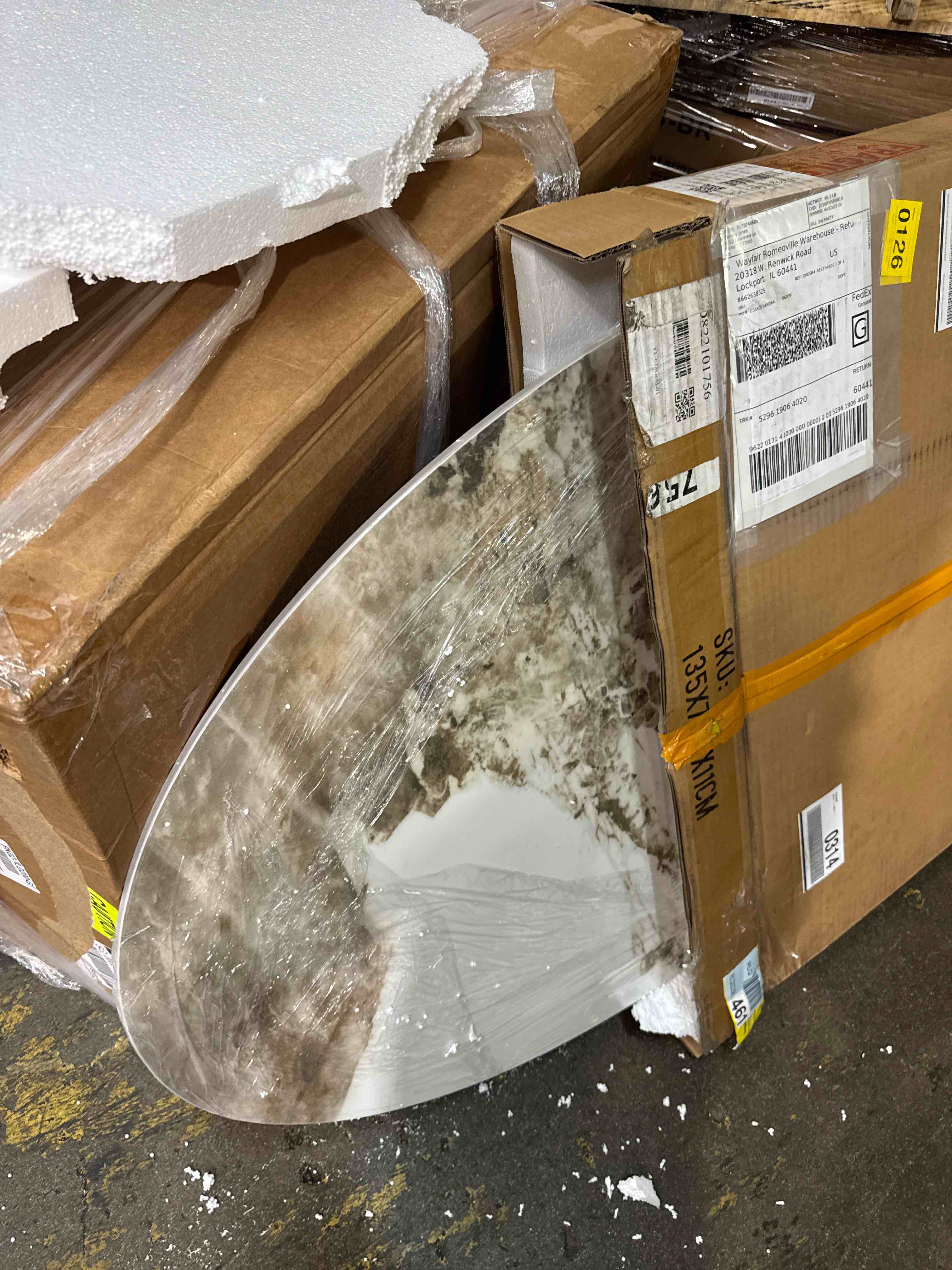 Condition photo showing New/Like New for oval coffee table with faux stone finish with marble grain | accent center table with silver stainless steel base and drawer,luxrious living room table( only the table top)