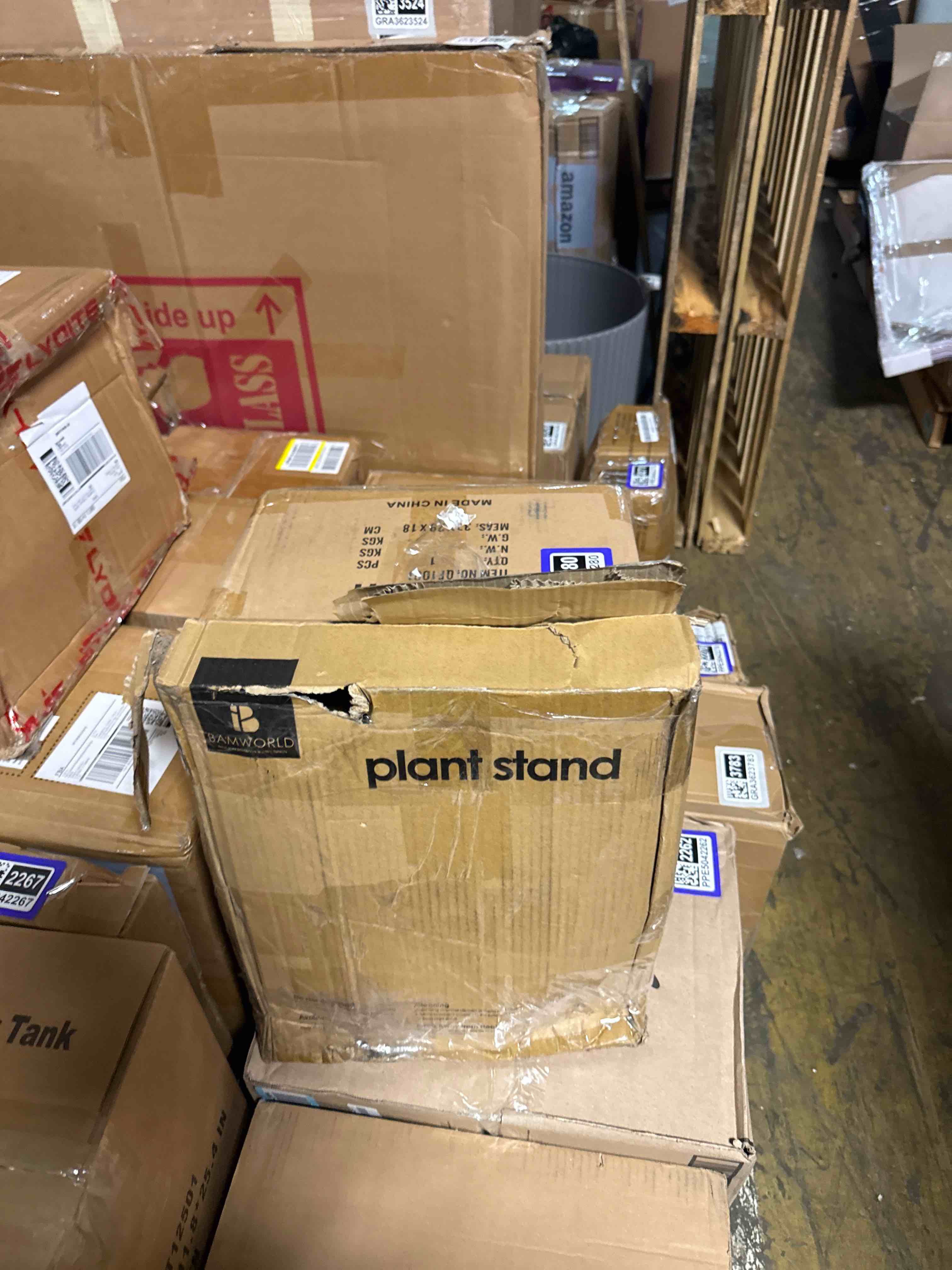 Condition photo showing As Is for deco 79 marble indoor plantstand 4 tier plant shelf with black base, plant stand 17" x 17" x 31", white plant stand 17" x 17" x 31" white