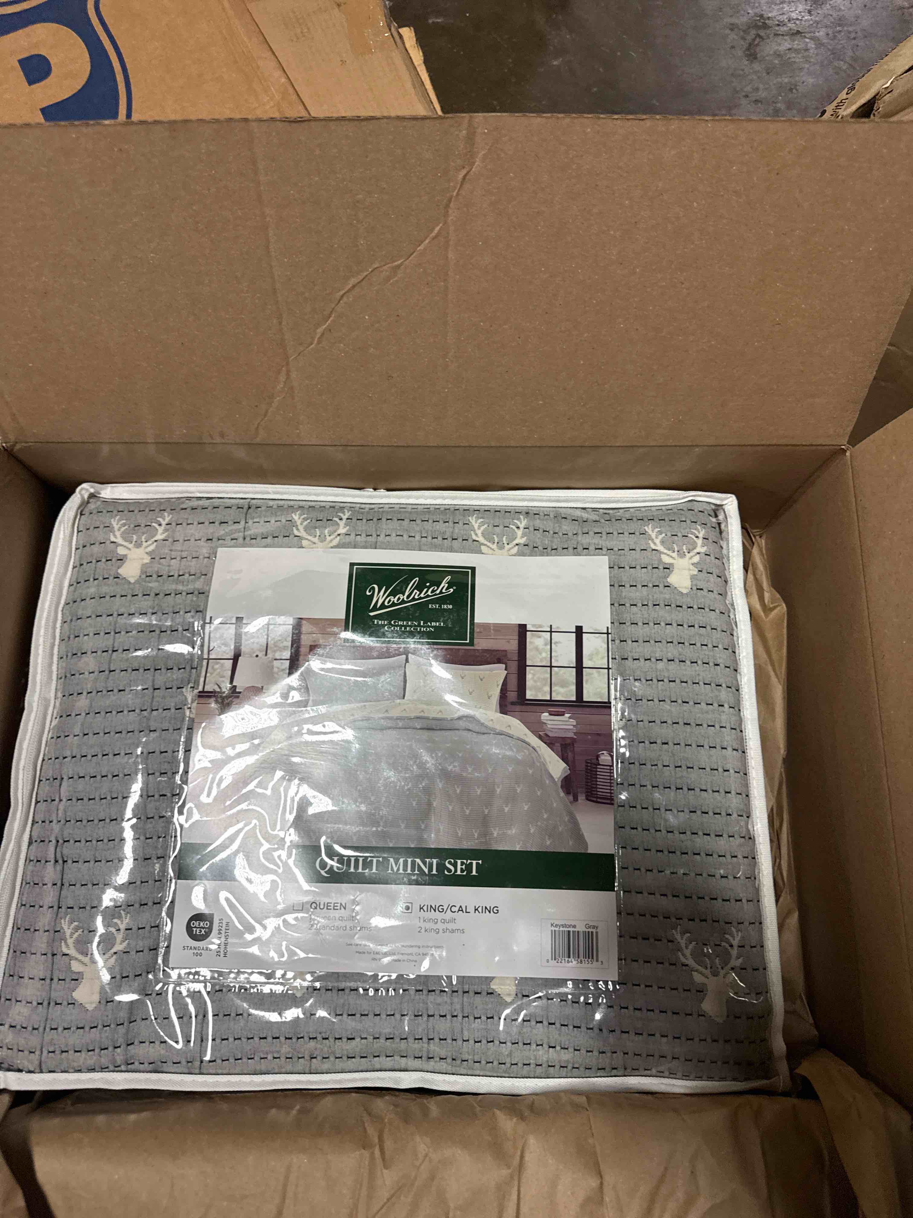 Condition photo showing New/Like New for woolrich coverlet set rustic lodge design, 3 piece set all season, lightweight reversible farmhouse bedspread bedding, shams, king/cal king, gray