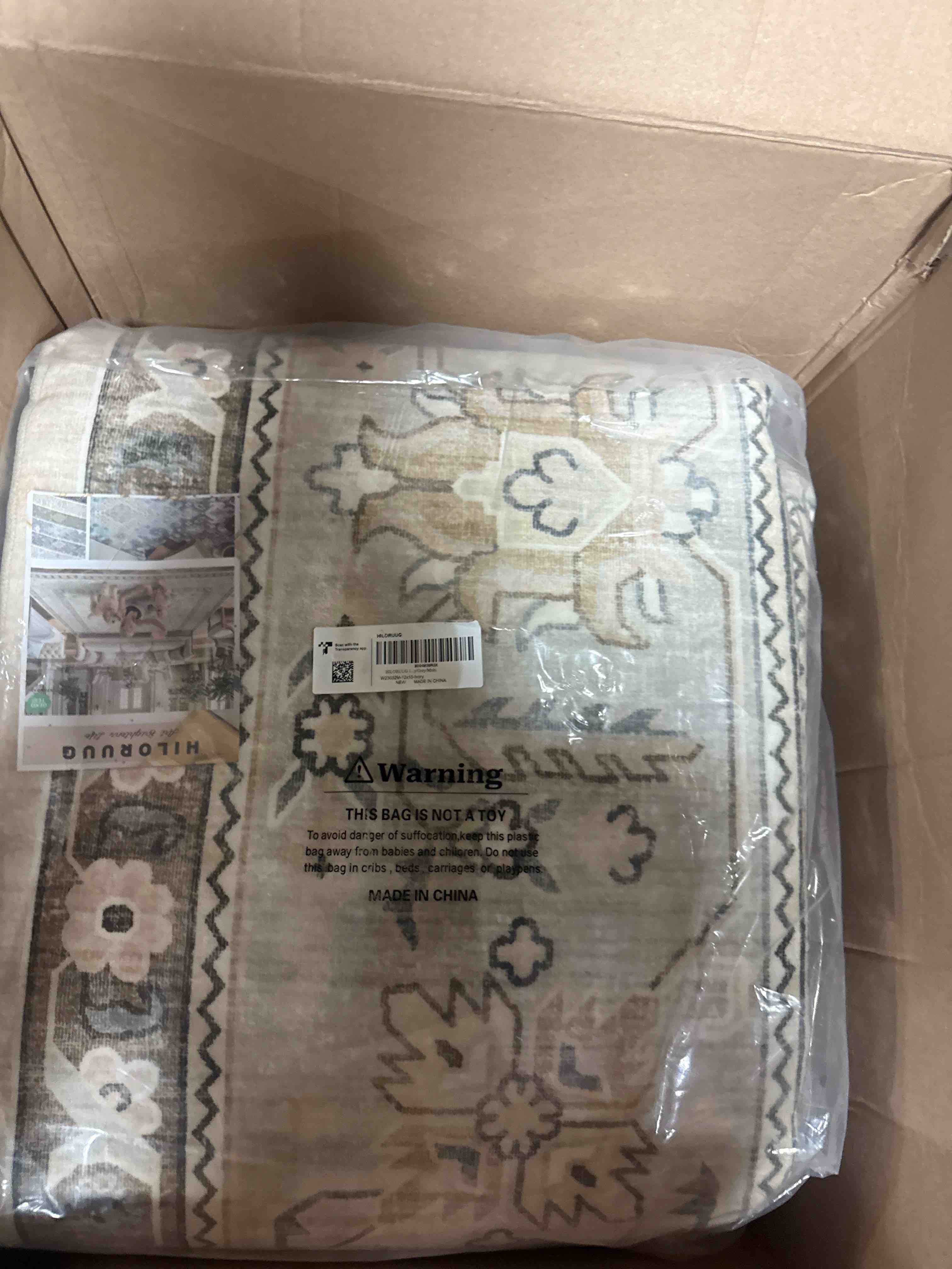 Condition photo showing New/Like New for 12x15 area rug for living room: large soft distressed oriental rugs with non-slip backing ultra thin farmhouse bedroom carpets - stain resistant indoor rug - 12' by 15' ivory/grey/multi 12' x 15' (rectangular) ivory