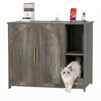 hidden cat litter box enclosure furniture - large dog-proof litter box cabinet with power strip - grey
