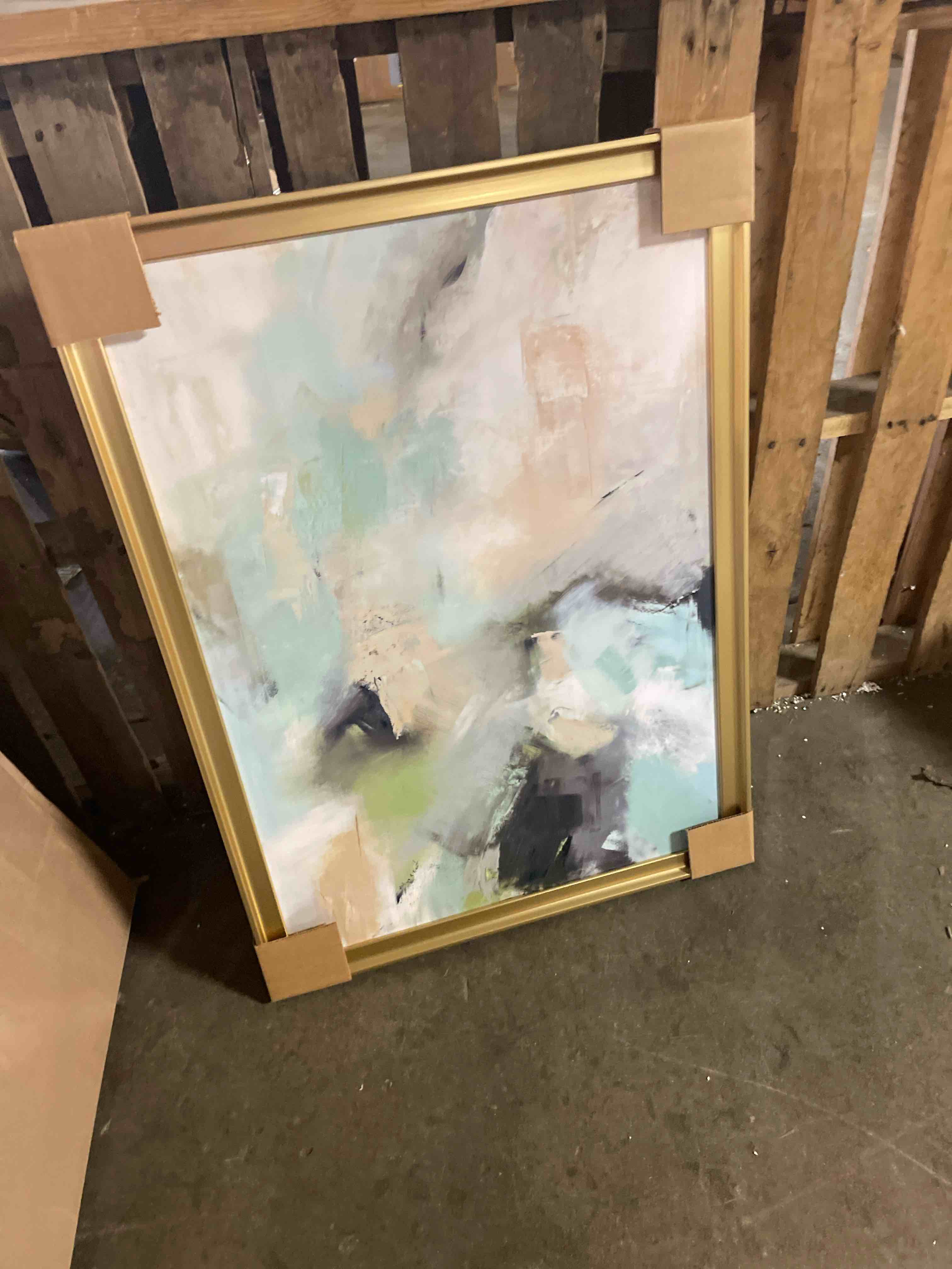 Condition photo showing New/Like New for extra large framed teal abstract wall art, oversized vertical sage green canvas prints paintings artwork for walls, modern minimalist pictures wall decor for living room bedroom hallway 40x60 in