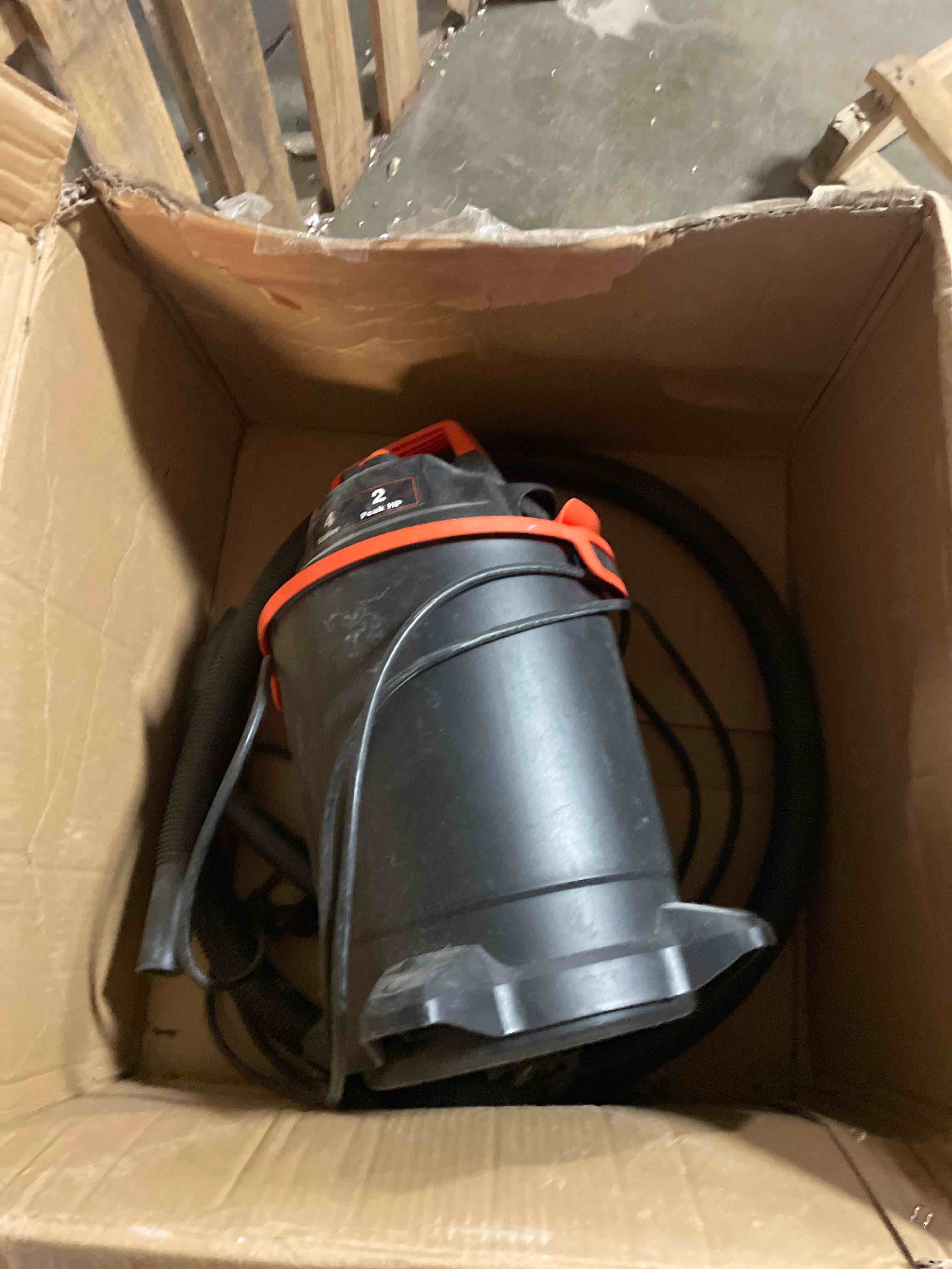 Condition photo showing As Is for armor all vo405p 0901 4 gallon wet/dry vac 2.0 peak hp shop vacuum with nozzles & brush,black/orange 4 gal vac