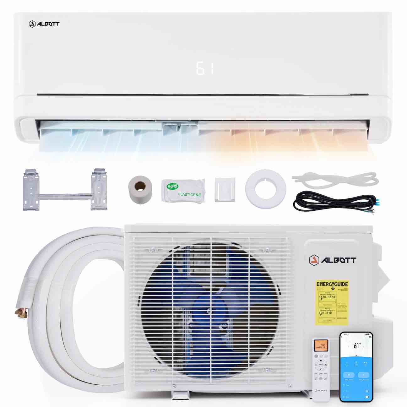 albott mini split air conditioner and heater, 12,000 btu, seer2 18, 115v inverter energy-efficient ac with self-cleaning, remote and app control, easy installation, cools up to 750 sq.ft.(bottom half of ac only)