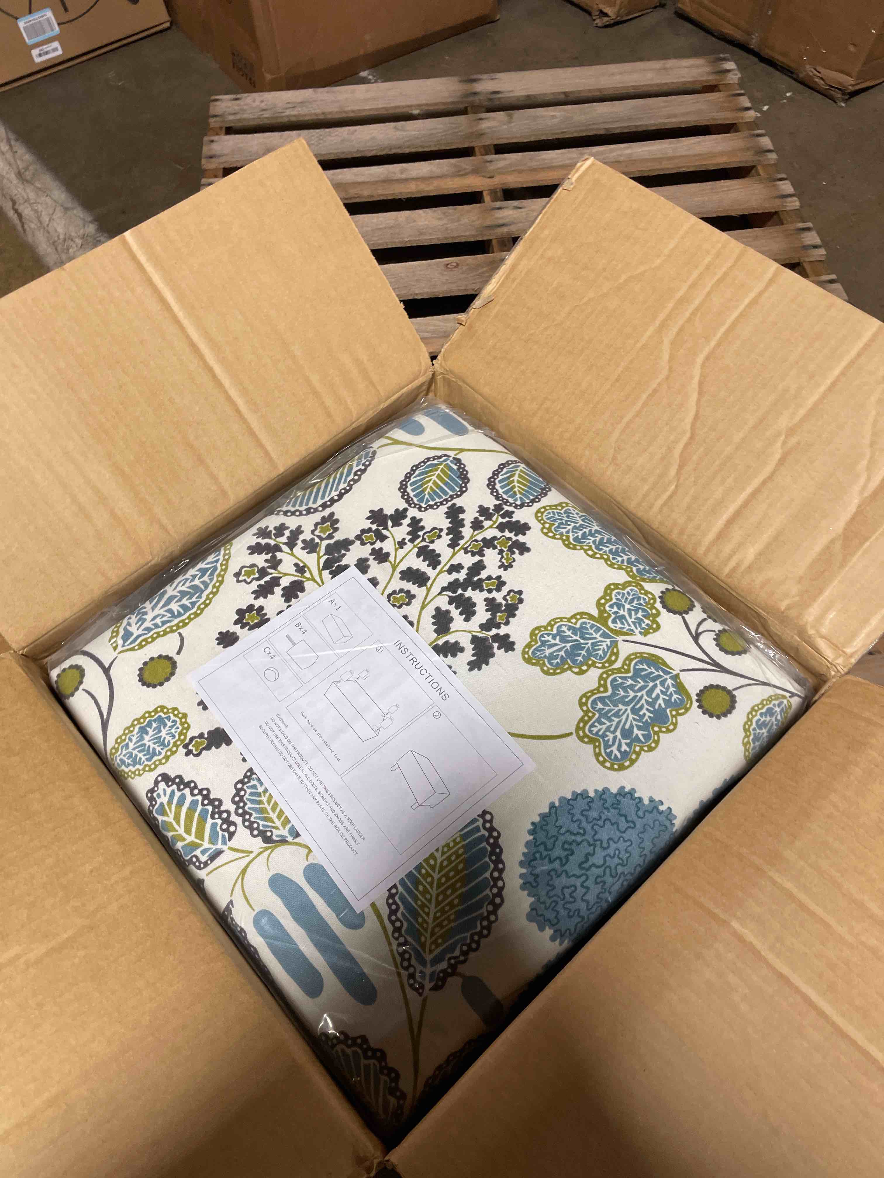 Condition photo showing New/Like New for joveco small foot rest stool ottoman, square upholstered fabric footstool for couch, under desk, office, living room, blue floral