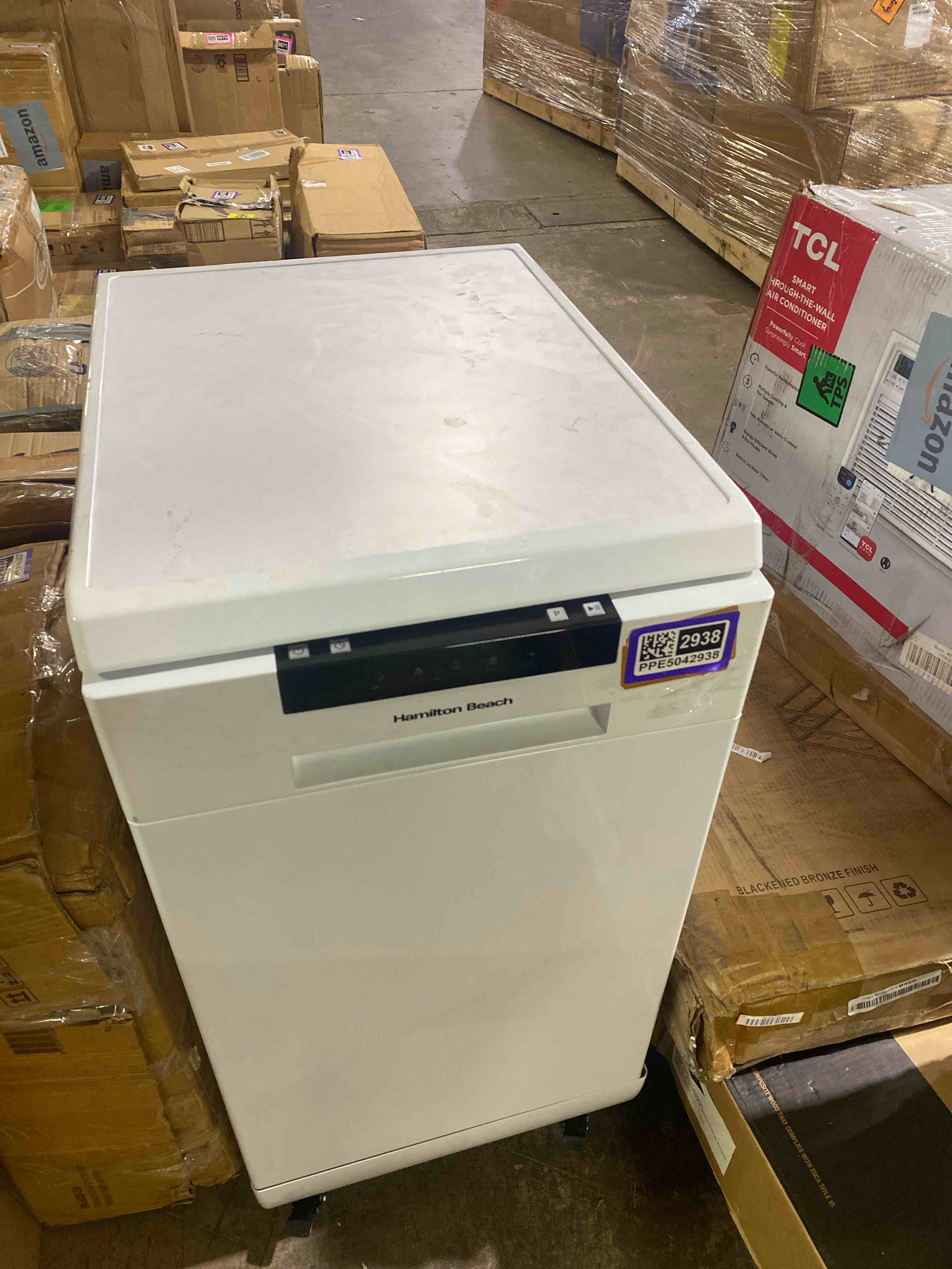 Condition photo showing As Is for hamilton beach 8 place setting 18" portable dishwasher for kitchen, rv, or apartment with quick faucet connection, 6 wash cycles, and rolling caster wheels, stainless steel 37.5'' h x 28.5'' w x 21''