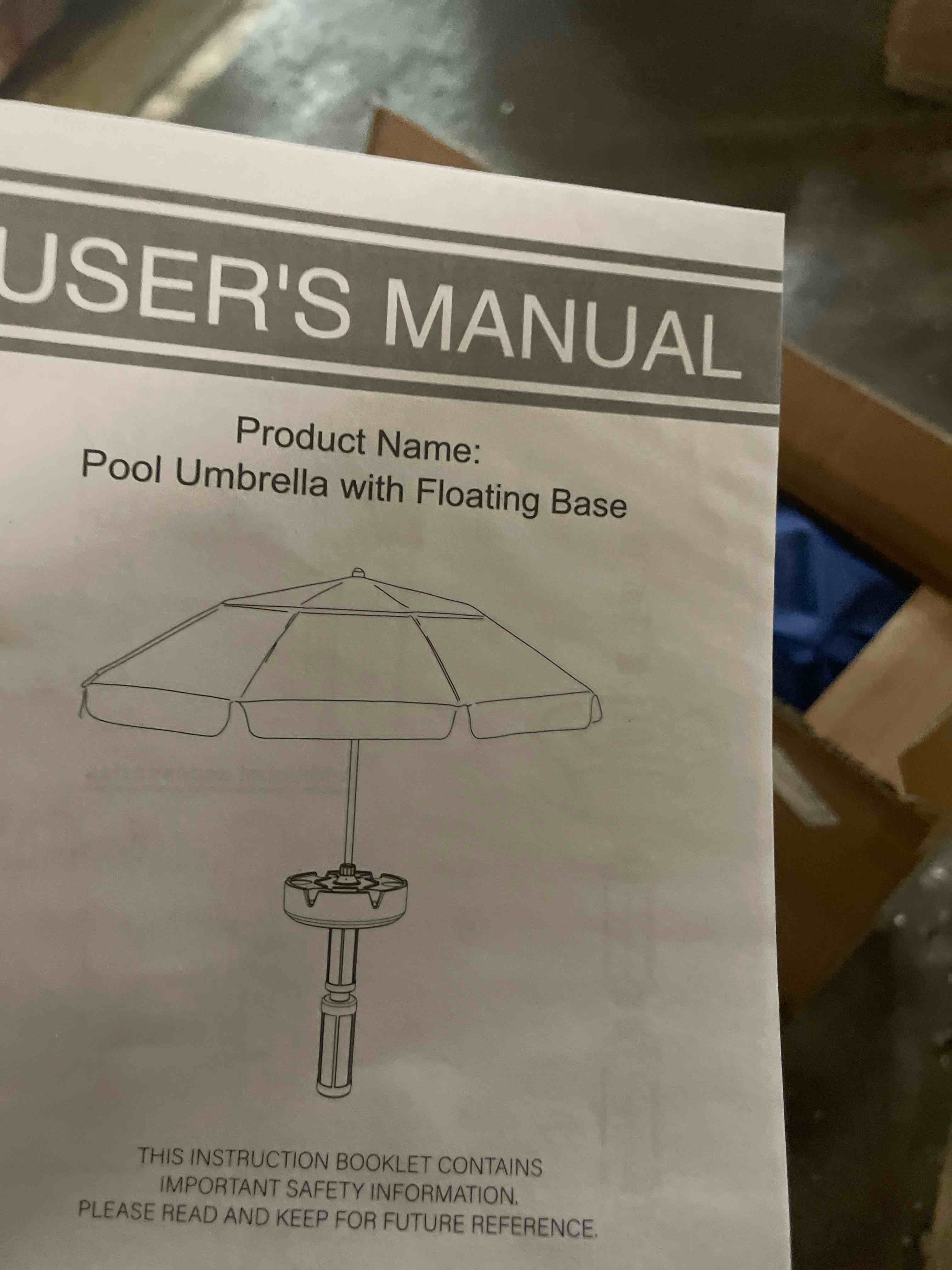 Condition photo showing New/Like New for floating pool umbrella - 7ft, outdoor floating umbrella for inside of pool with weighted base, 4 cupholders floating table with sun shade, no-tools setup for pool, lake & beach