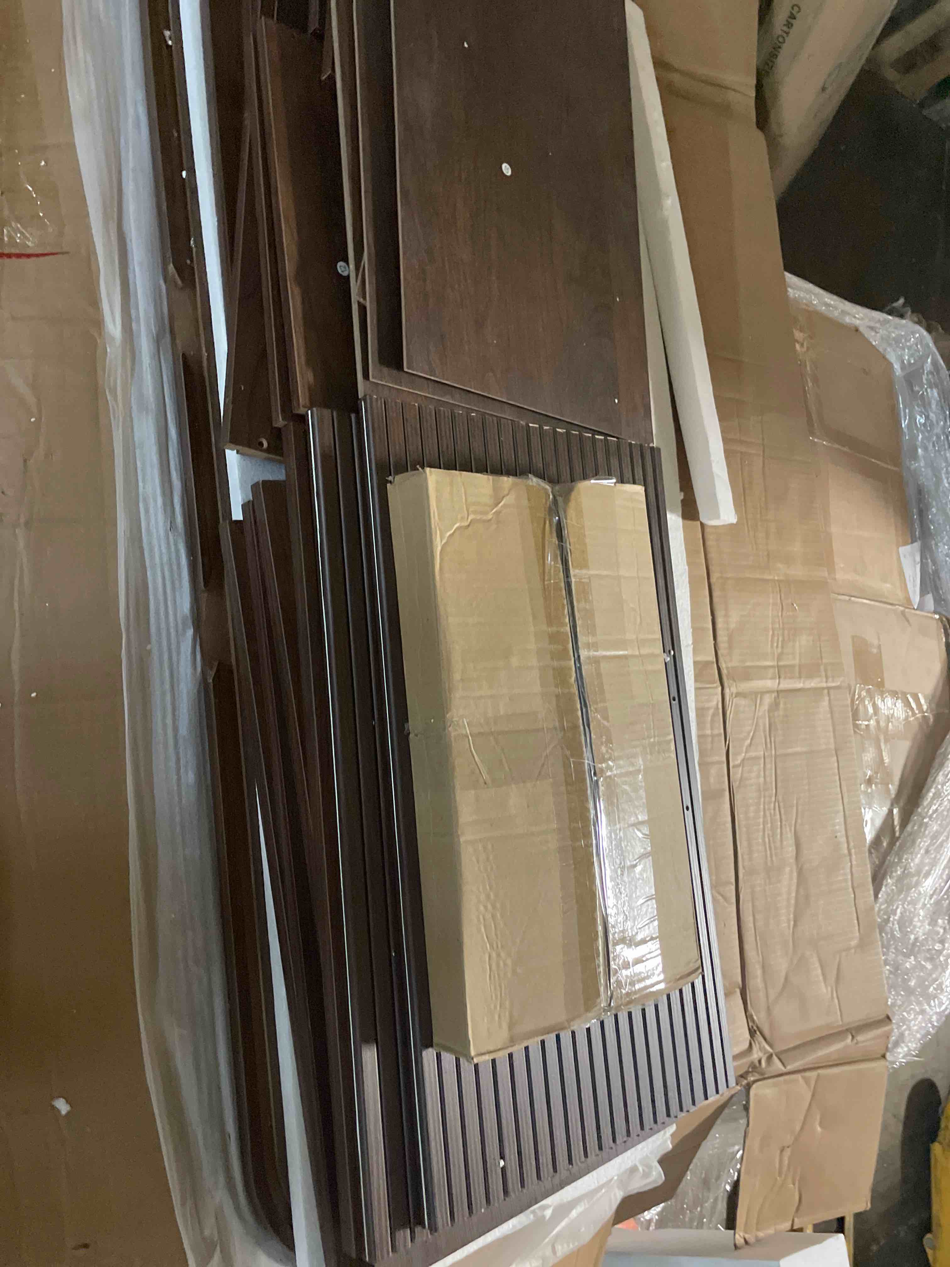 Condition photo showing As Is for 44" sideboard buffet cabinet with outlet & sliding door, brown | fluted sideboard cabinet with open storage space/adjustable shelf, mid-century accent coffee bar console table with wood feet