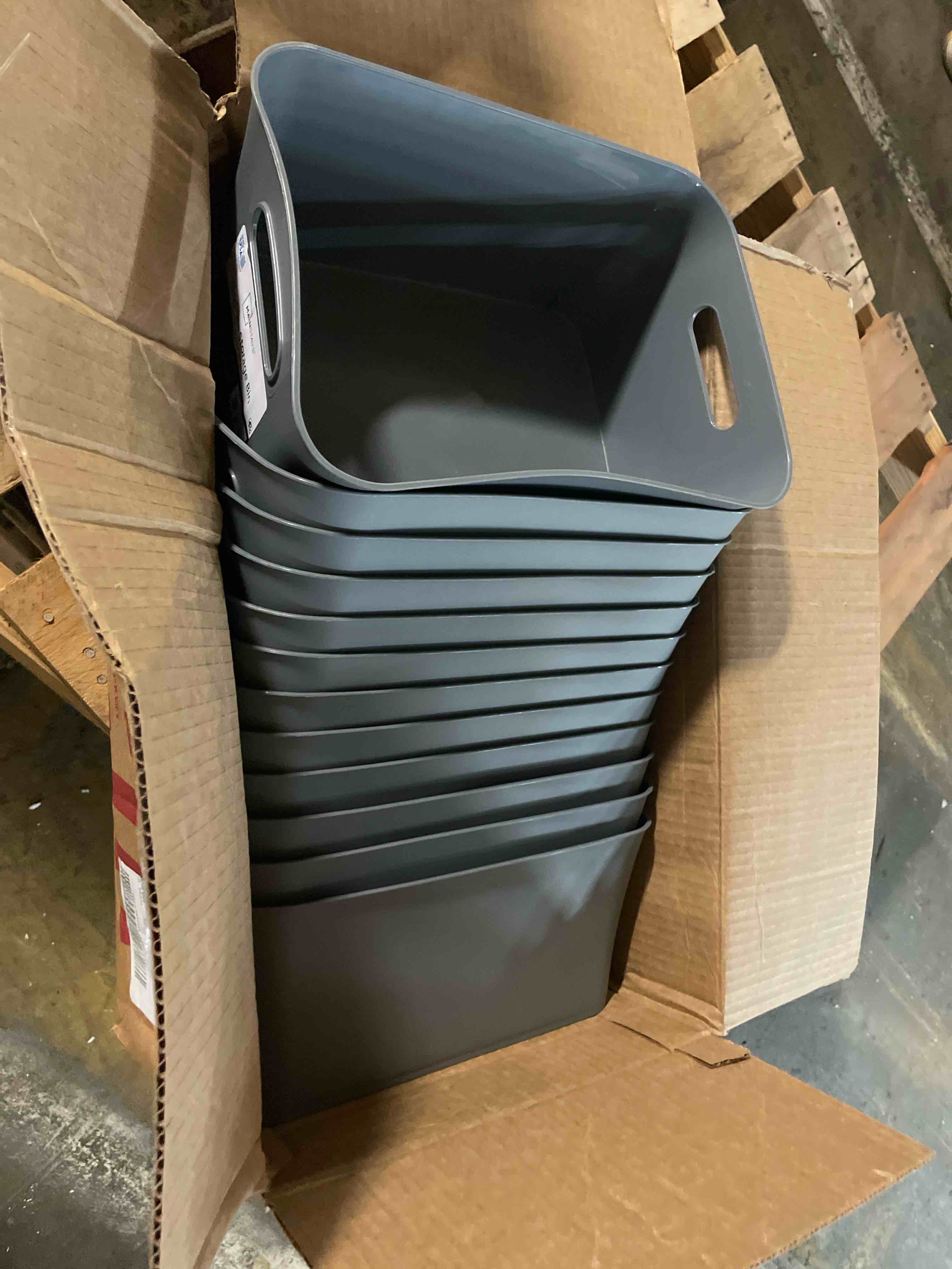Condition photo showing New/Like New for 12-pack small storage bins – 9.5" x 6.75" x 4.25", gray flannel texture, with handles, for desk, shelf, or drawer