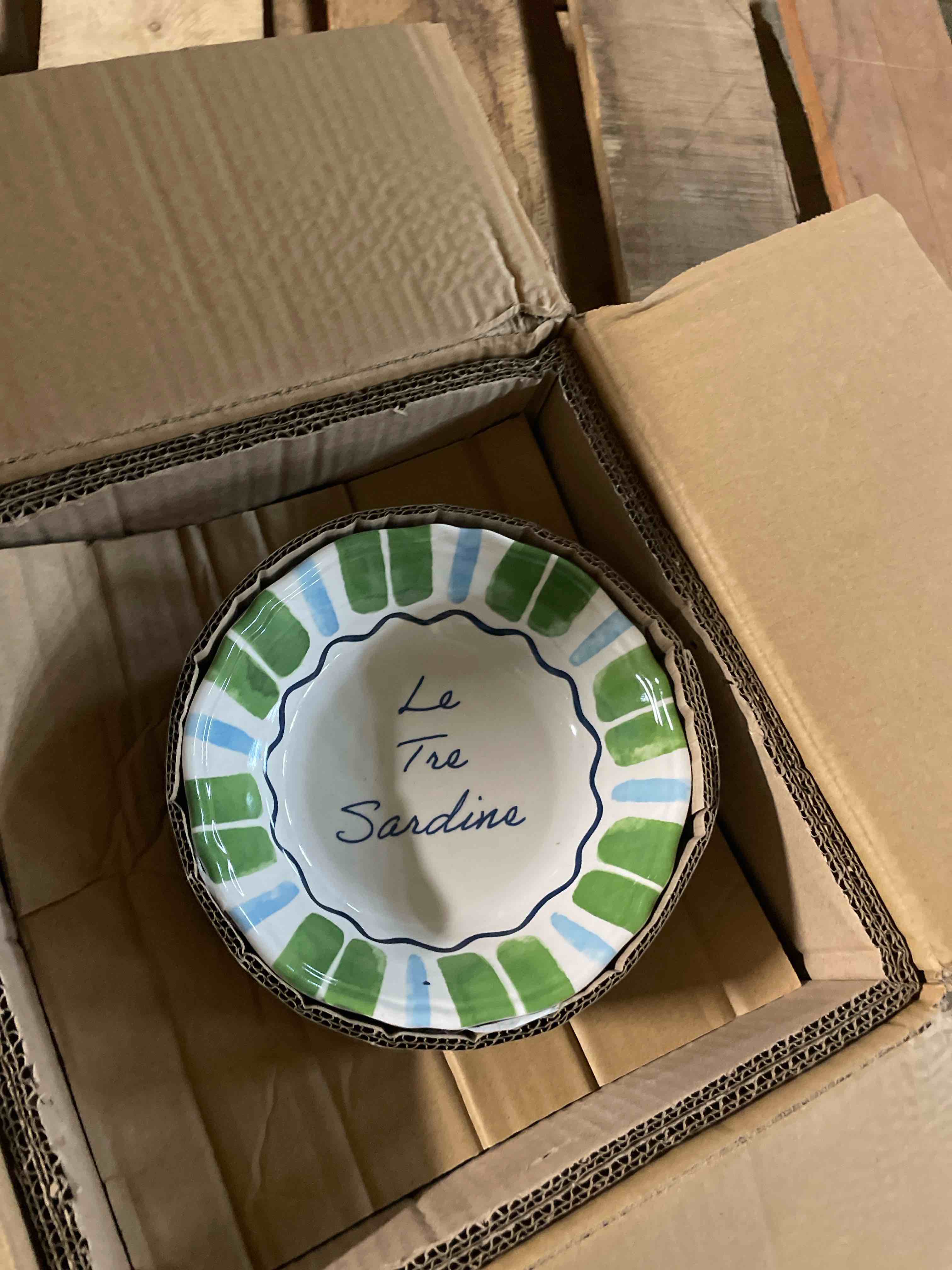 Condition photo showing New/Like New for 12-piece melamine dinnerware set, multicolor, fish and plaid pattern, scalloped edge