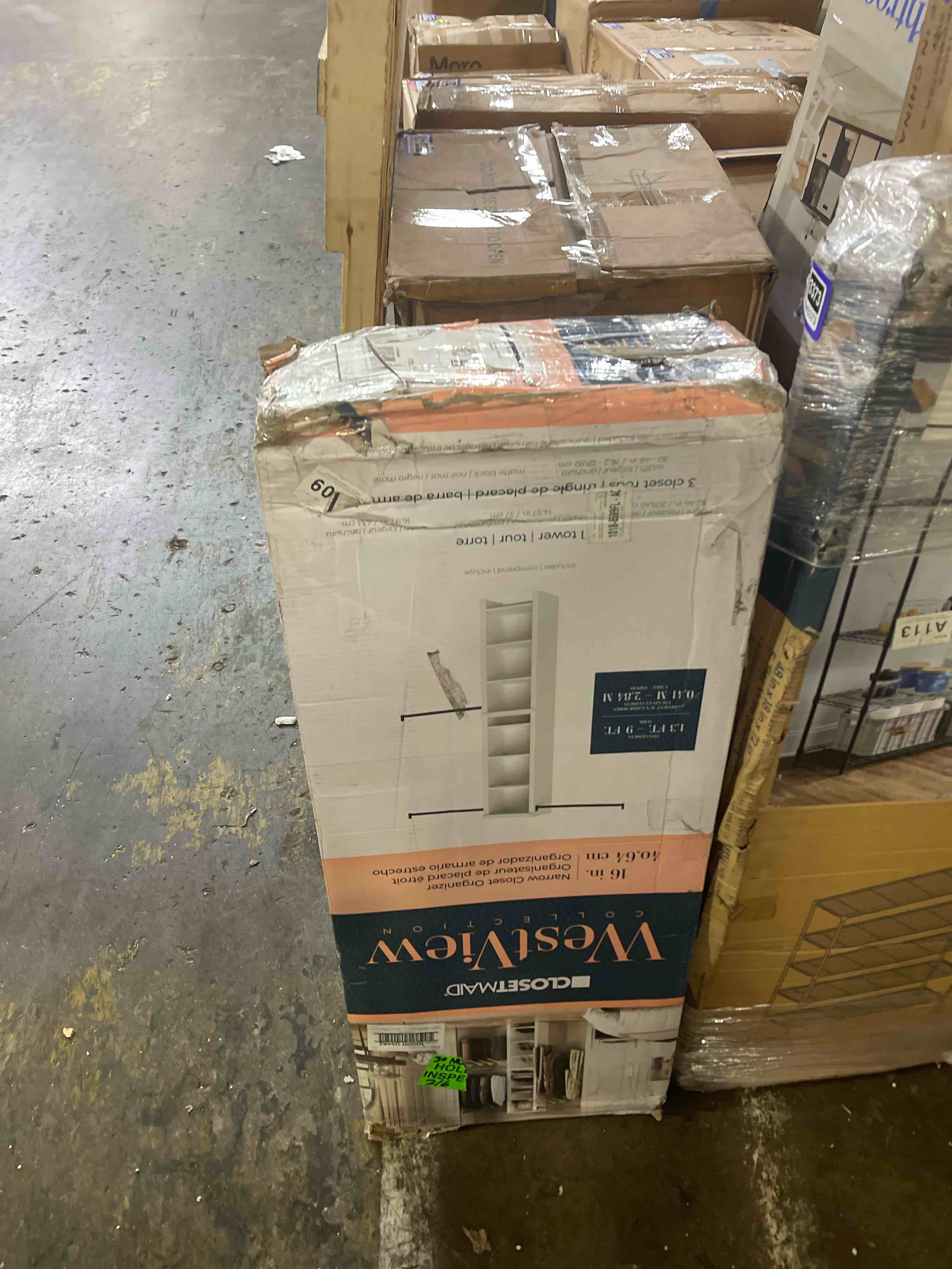 Condition photo showing New/Like New for style+ 72 in. w - 113 in. w white narrow wood closet system