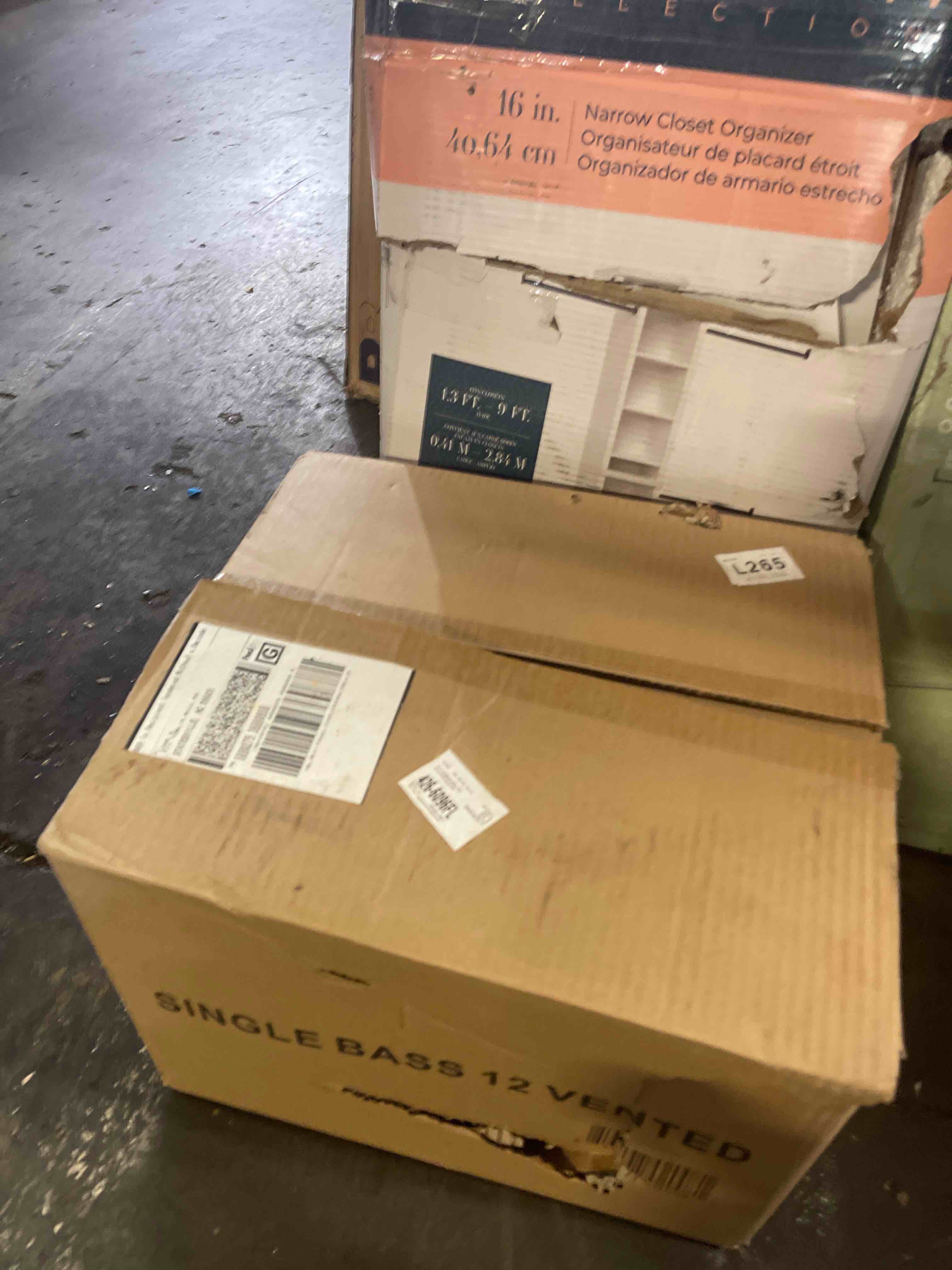 Condition photo showing New/Like New for single 12" vented subwoofer enclosure, 3/4" usa mdf, 1.22 cu. ft. net volume, gold terminals, mounting hardware included