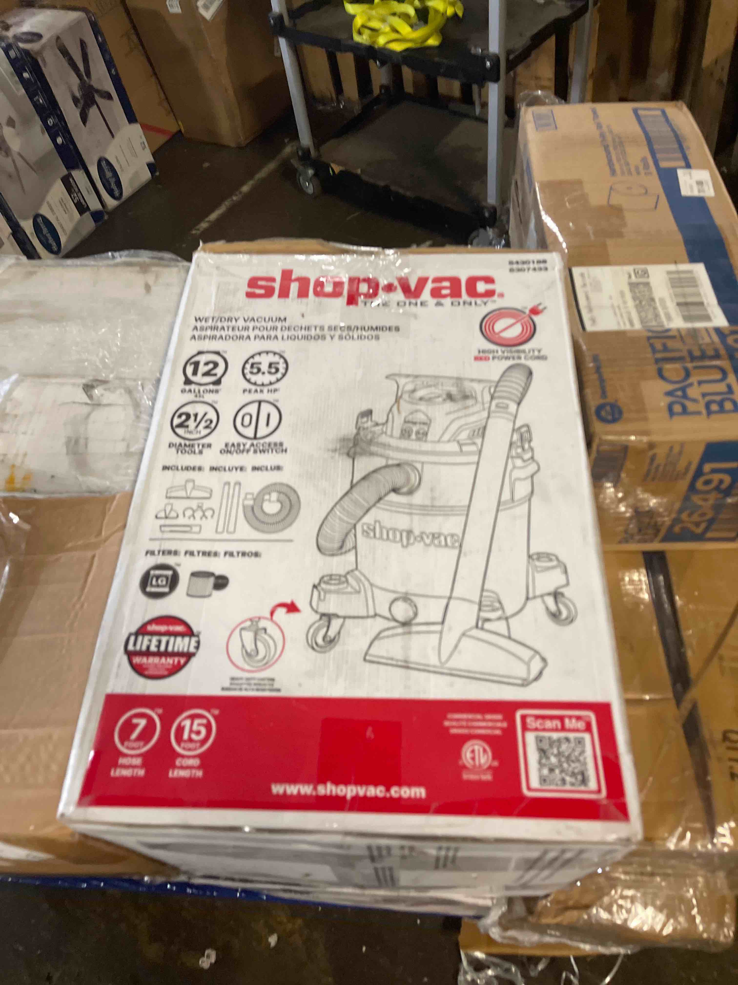 Condition photo showing New/Like New for shop-vac 12-gallon 6.0 hp corded wet/dry shop vacuum with accessories included