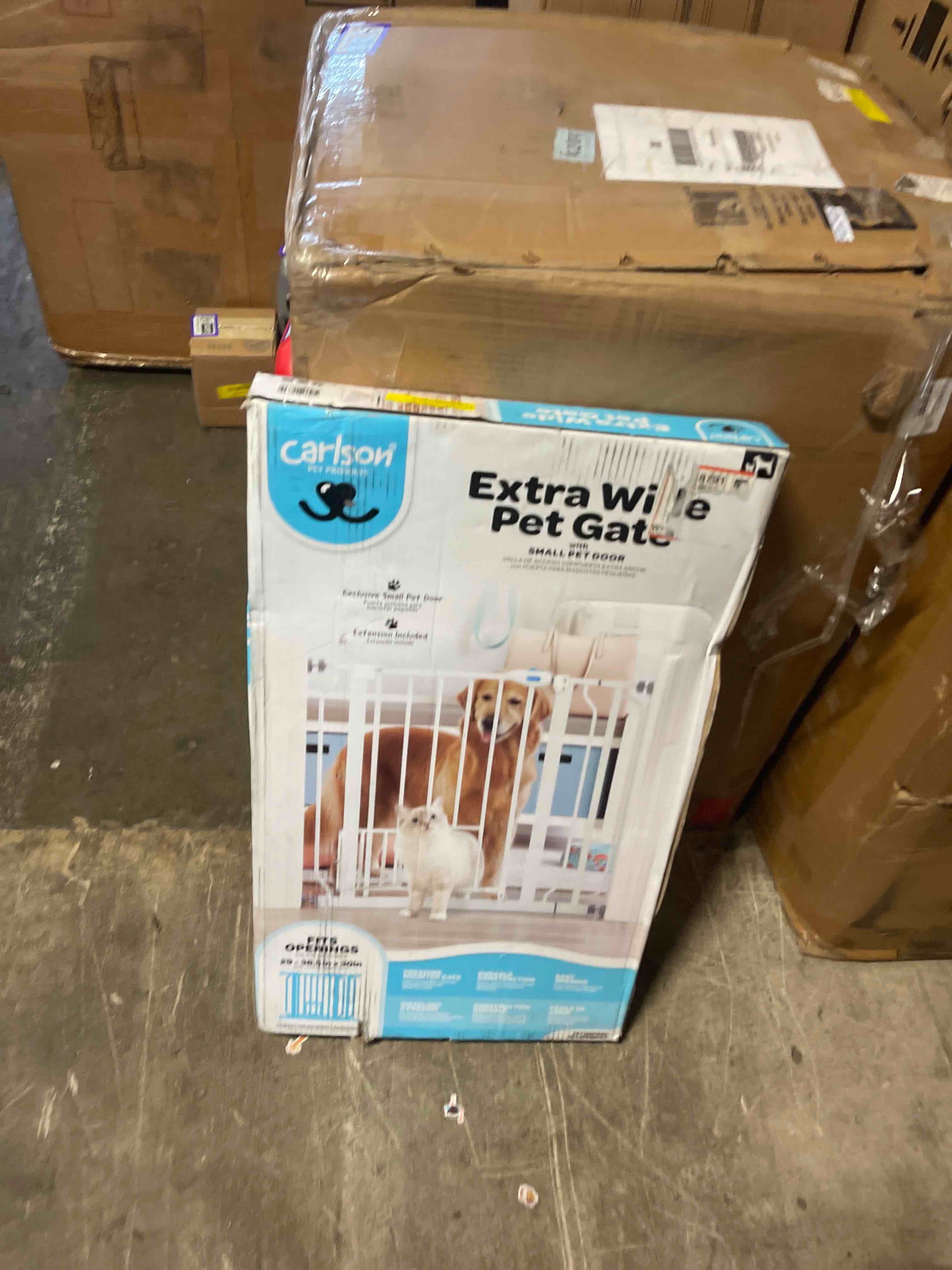 Condition photo showing New/Like New for carlson 29.5–36.5” extra wide dog gate with small pet door, walk-through pressure mounted metal indoor pet safety gate, tested and trusted by pet parents, american designed, american owned white 29"-36.5" w 30" h