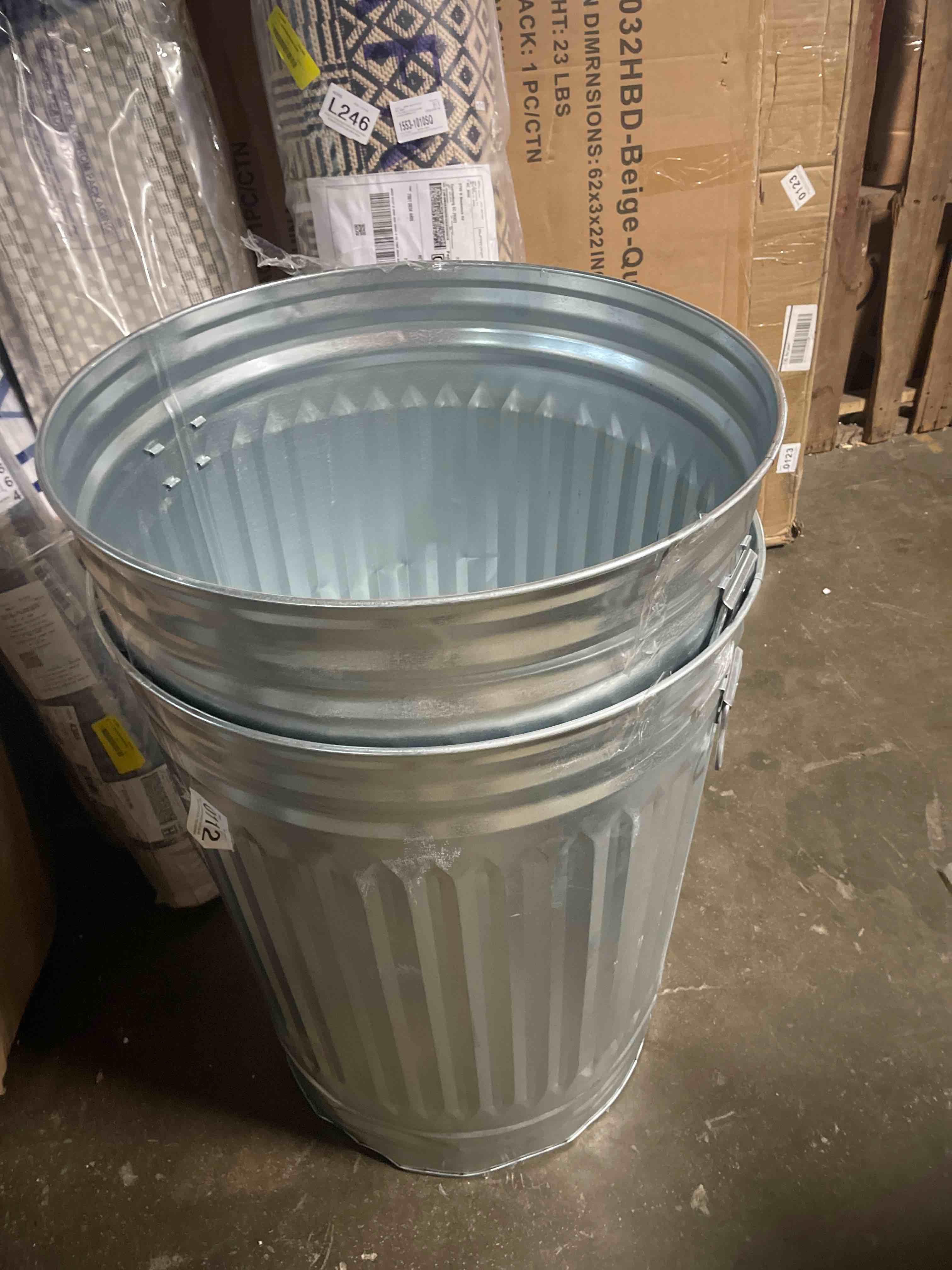 Condition photo showing As Is for (2)behrens 31-gallon steel trash can