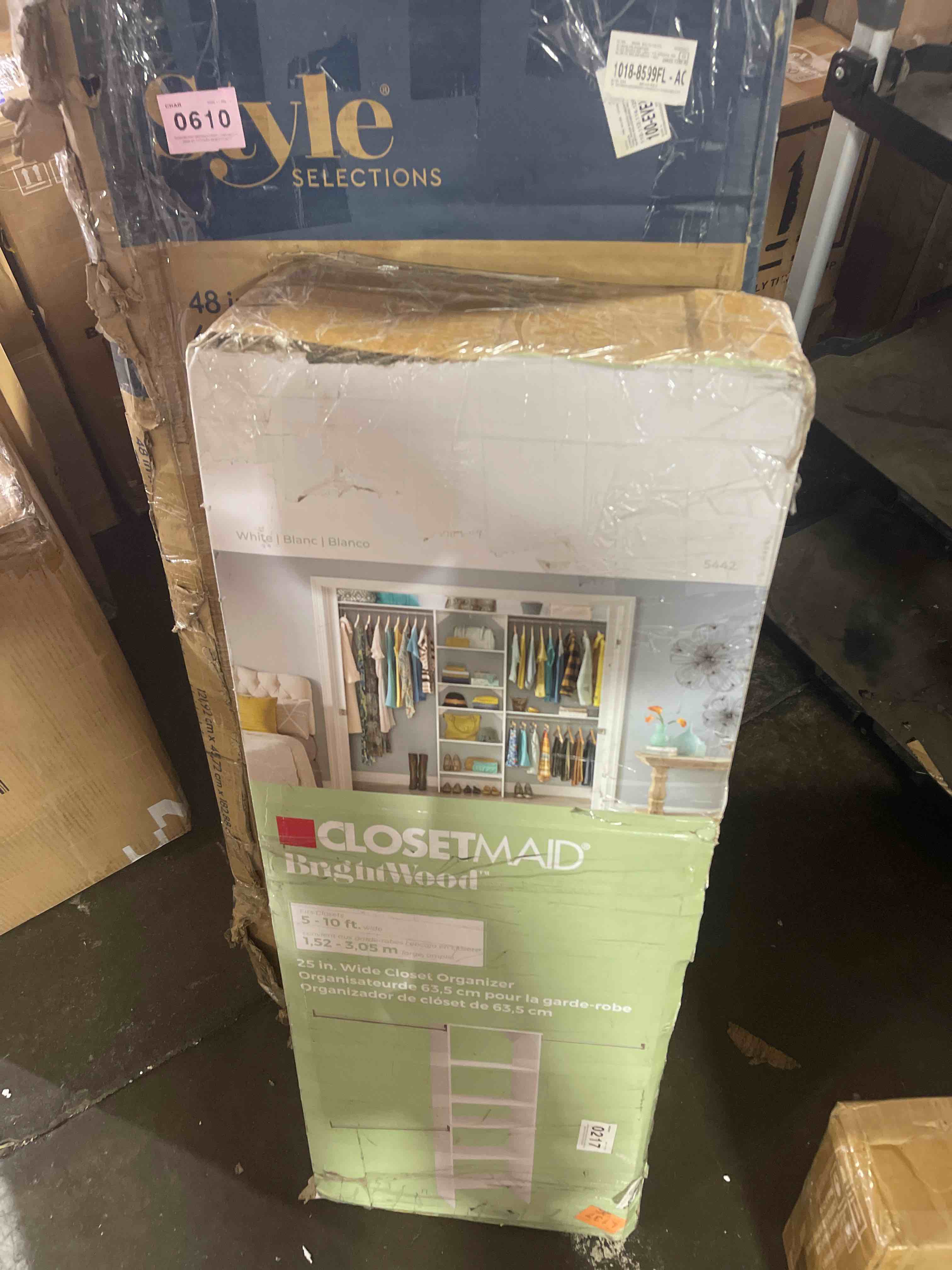 Condition photo showing New/Like New for closetmaid westview 5-ft to 10-ft w tower system white solid shelving wood closet system