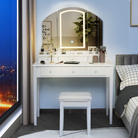 vanity table stool set with large tri-folding lighted mirror-white