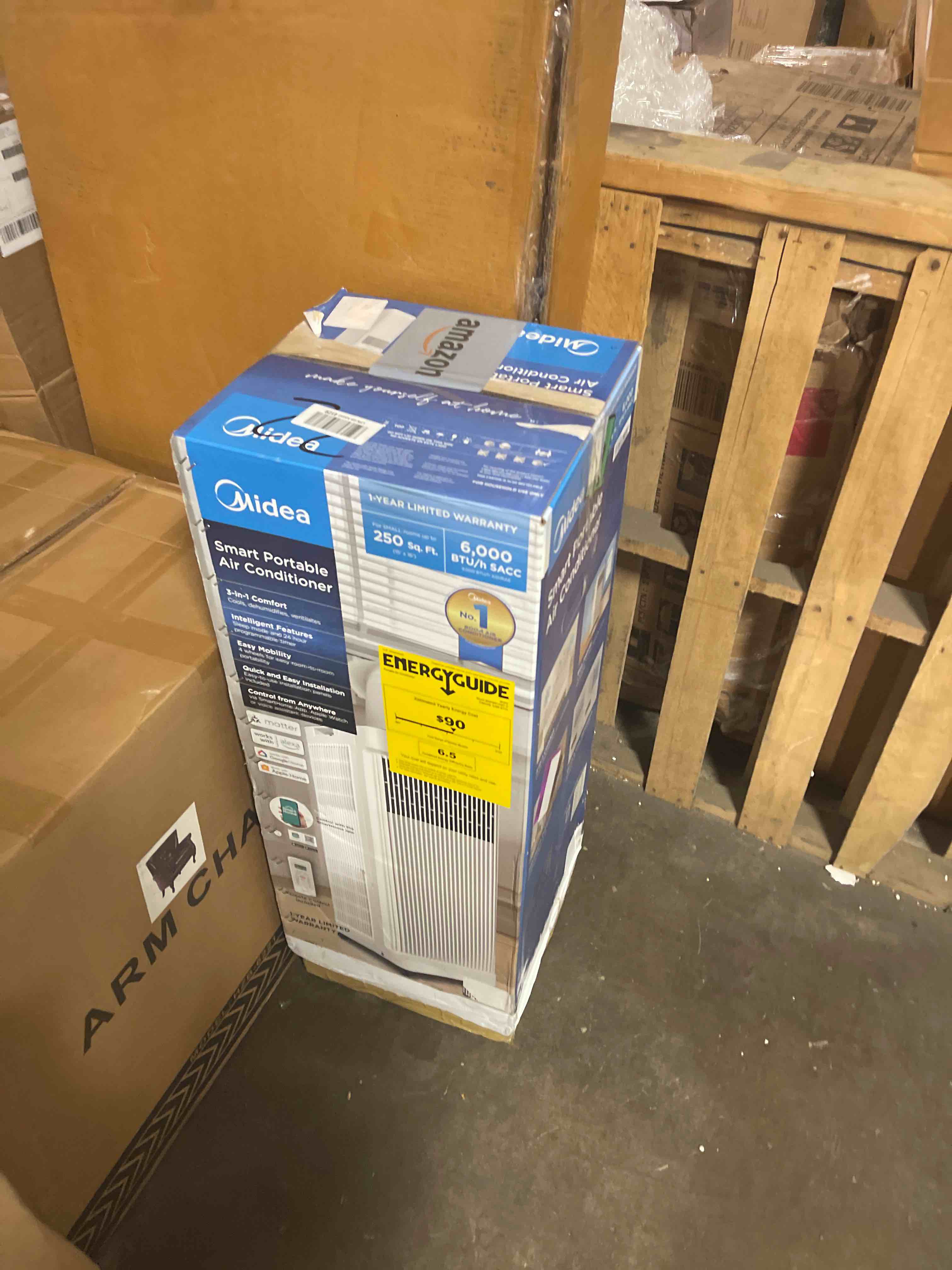 Condition photo showing As Is for midea 8,500 btu ashrae (5,000 btu sacc) portable air conditioner, smart control, cools up to 150 sq. ft., with dehumidifier & fan mode, easy- to-use remote control & window installation kit included" 8,500 btu, wifi