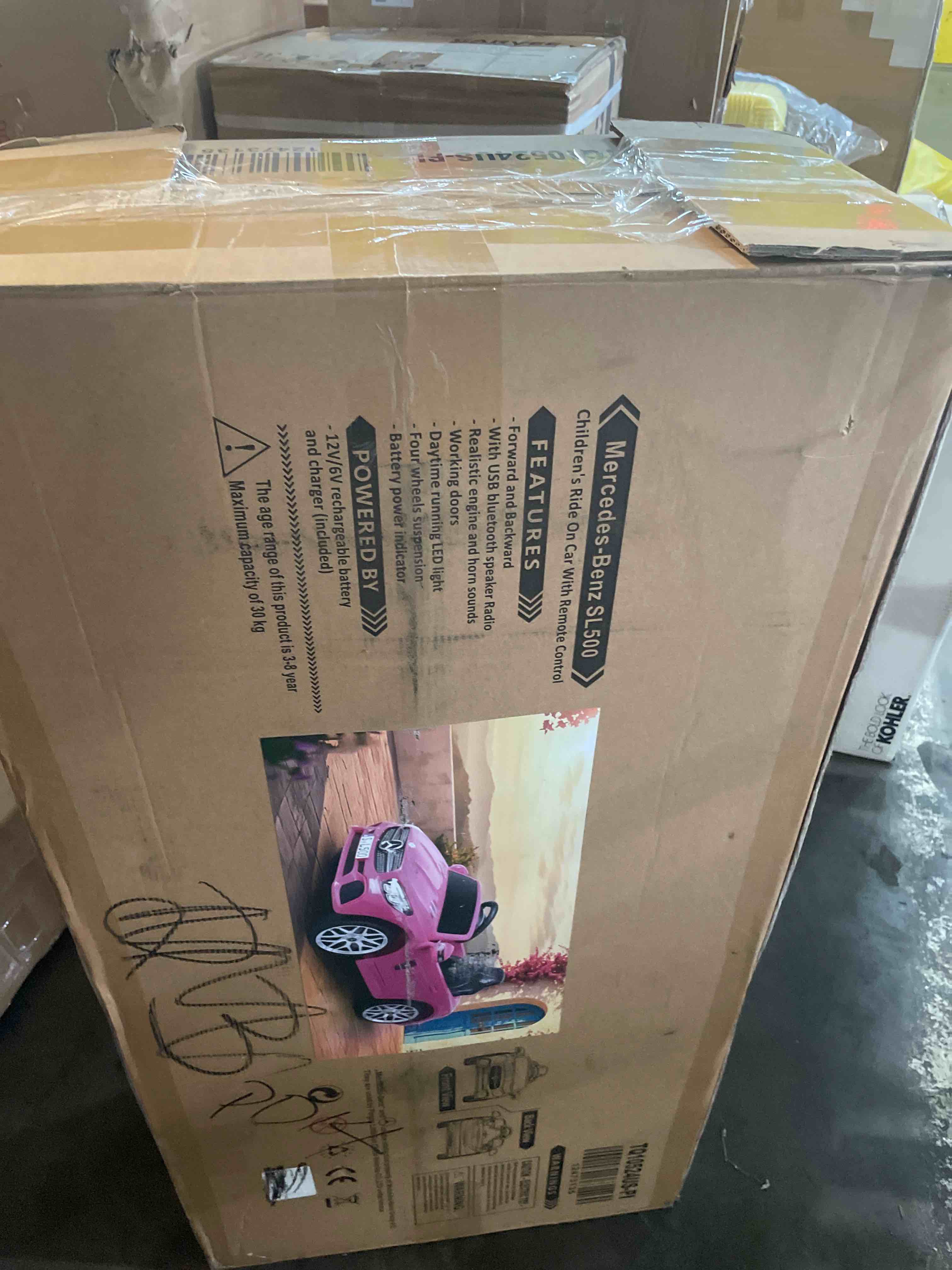 Condition photo showing As Is for licensed mercedes benz sl500 12v ride on car by infans with remote control, led lights, bluetooth, music, horn for girls boys aged 3+ (pink)