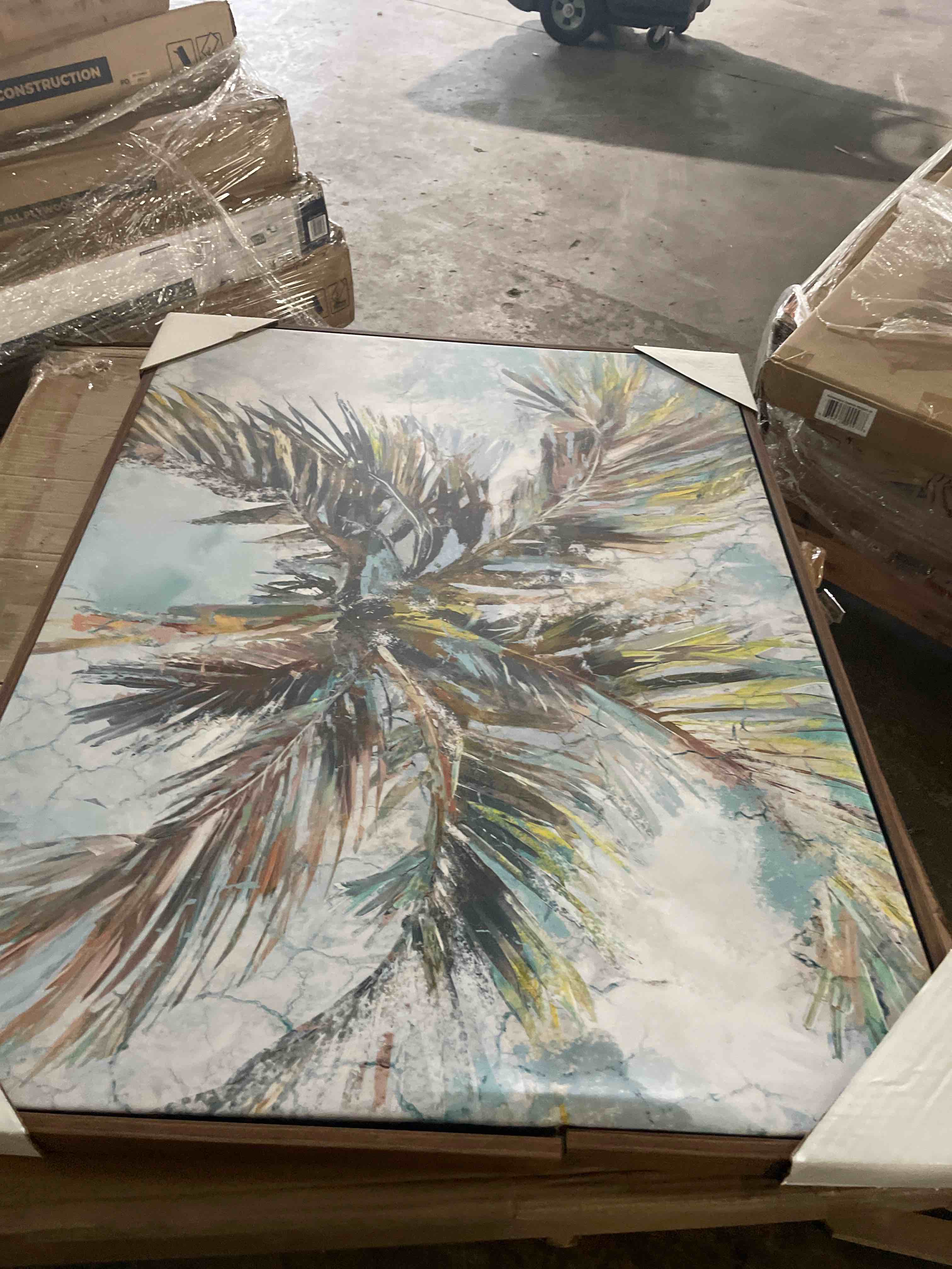 Condition photo showing As Is for (similar)wood canvas wall art, brown teal palm tree large wall decor for living room bedroom, coastal trees tropical oil painting canvas prints artwork ready to hang home decor, housewarming gift 20''x40'' mint, peach, gray 40"l x 20"w