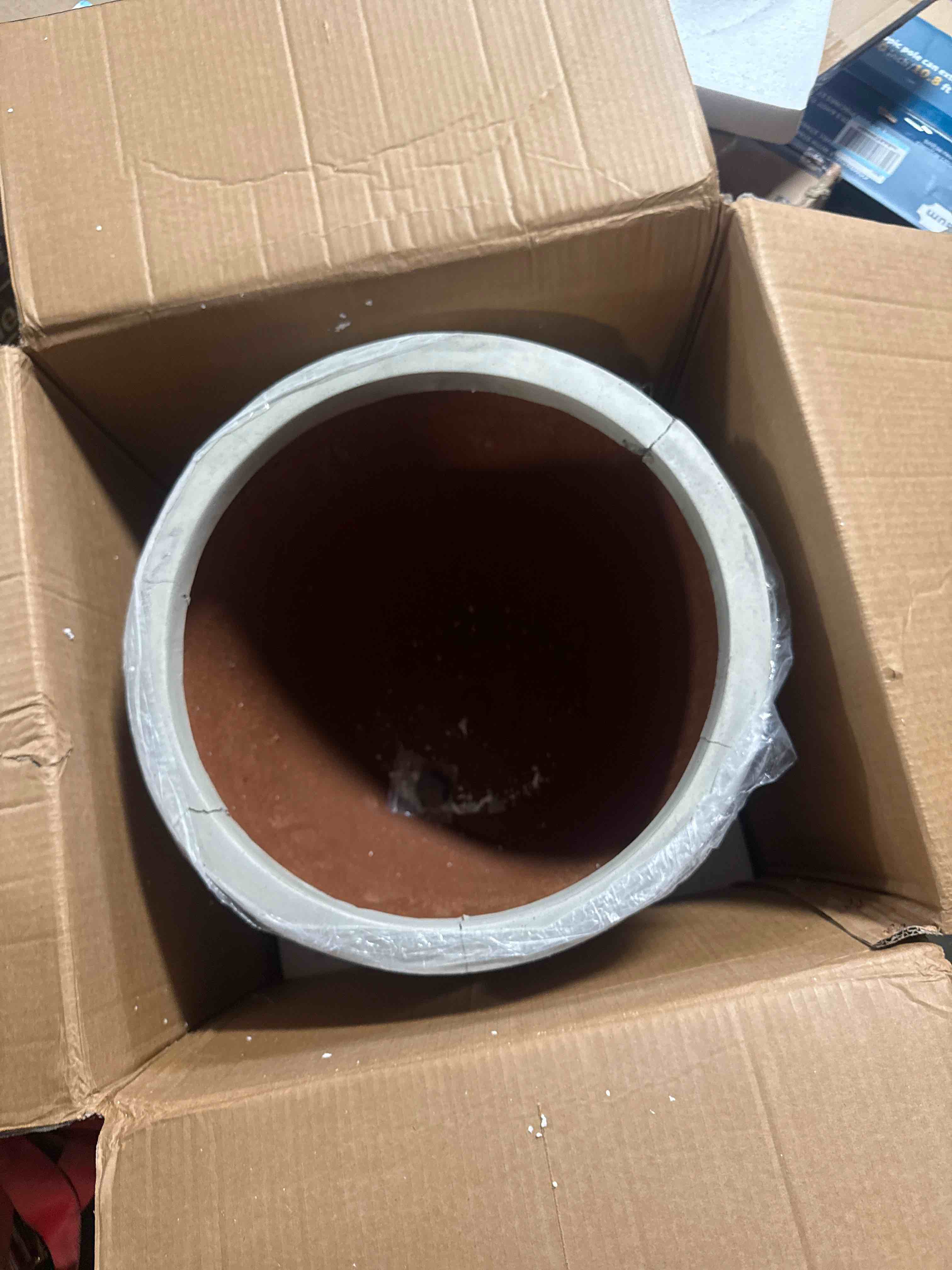 Condition photo showing As Is for kante 18 inch round concrete planter, large outdoor indoor plant pot with drainage, weathered concrete finish with painted interior, for flowers, trees, shrubs (tops cracked)