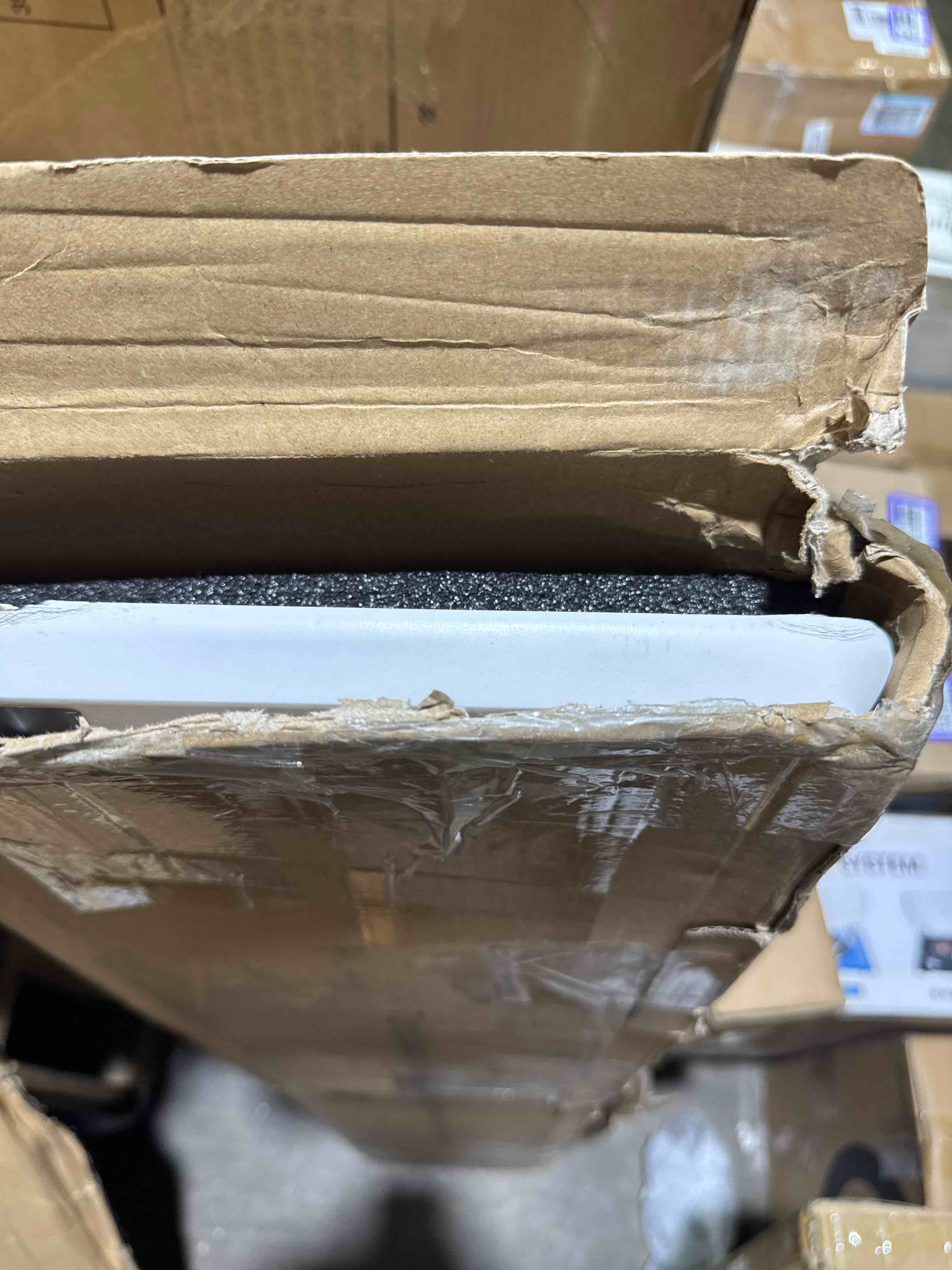 Condition photo showing As Is for sswbasics laminated white melamine shelf board, 36”l x 12”w, durable and sleek cabinet replacement shelves, sturdy and stylish shelf boards for retail, thrift, business, home, or office( similar