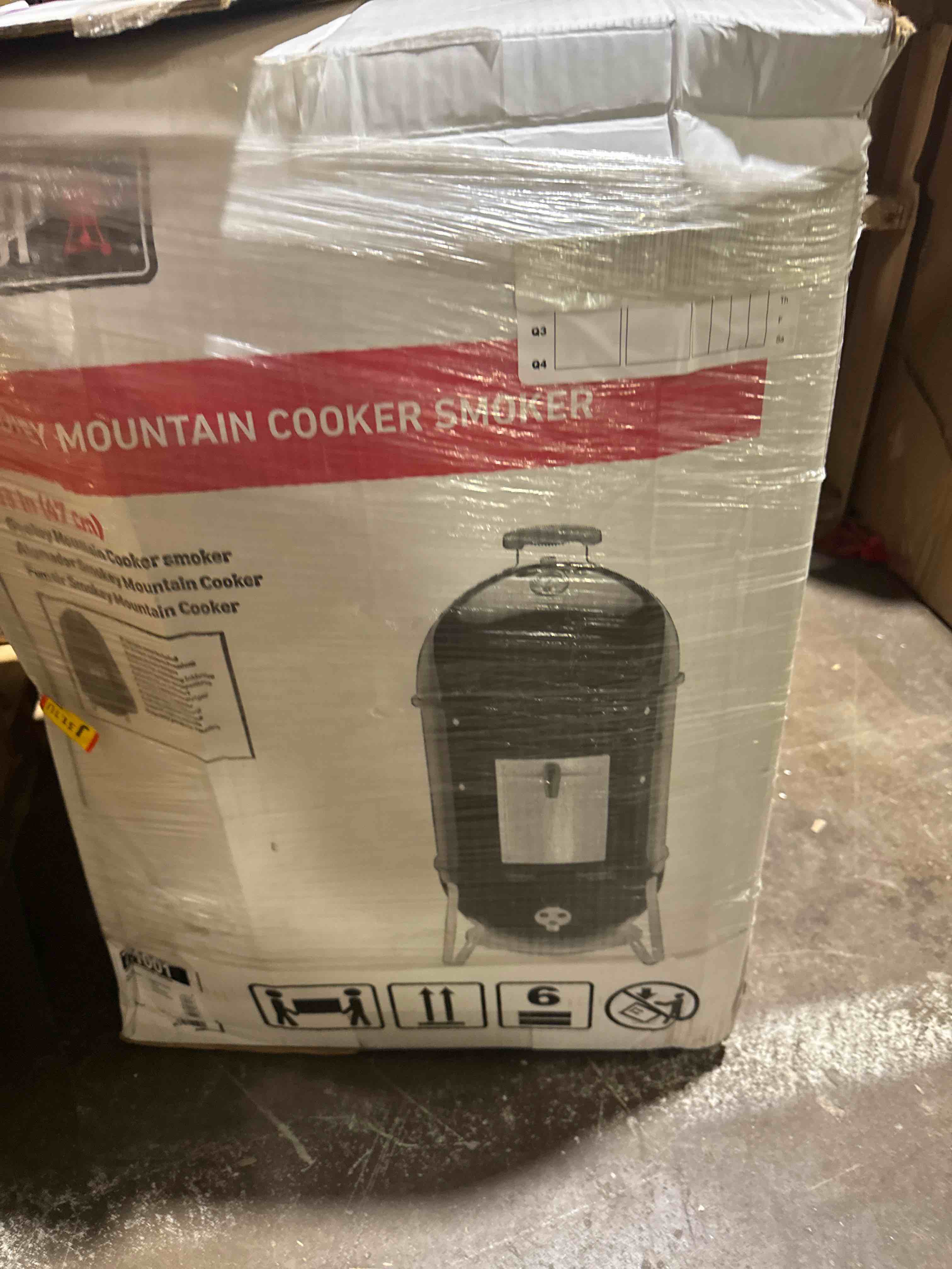Condition photo showing New/Like New for weber smokey mountain cooker 14-inch charcoal smoker – outdoor bbq smoker with dual cooking grates, porcelain?enameled kettle & temperature control dampers 14.5" smoker