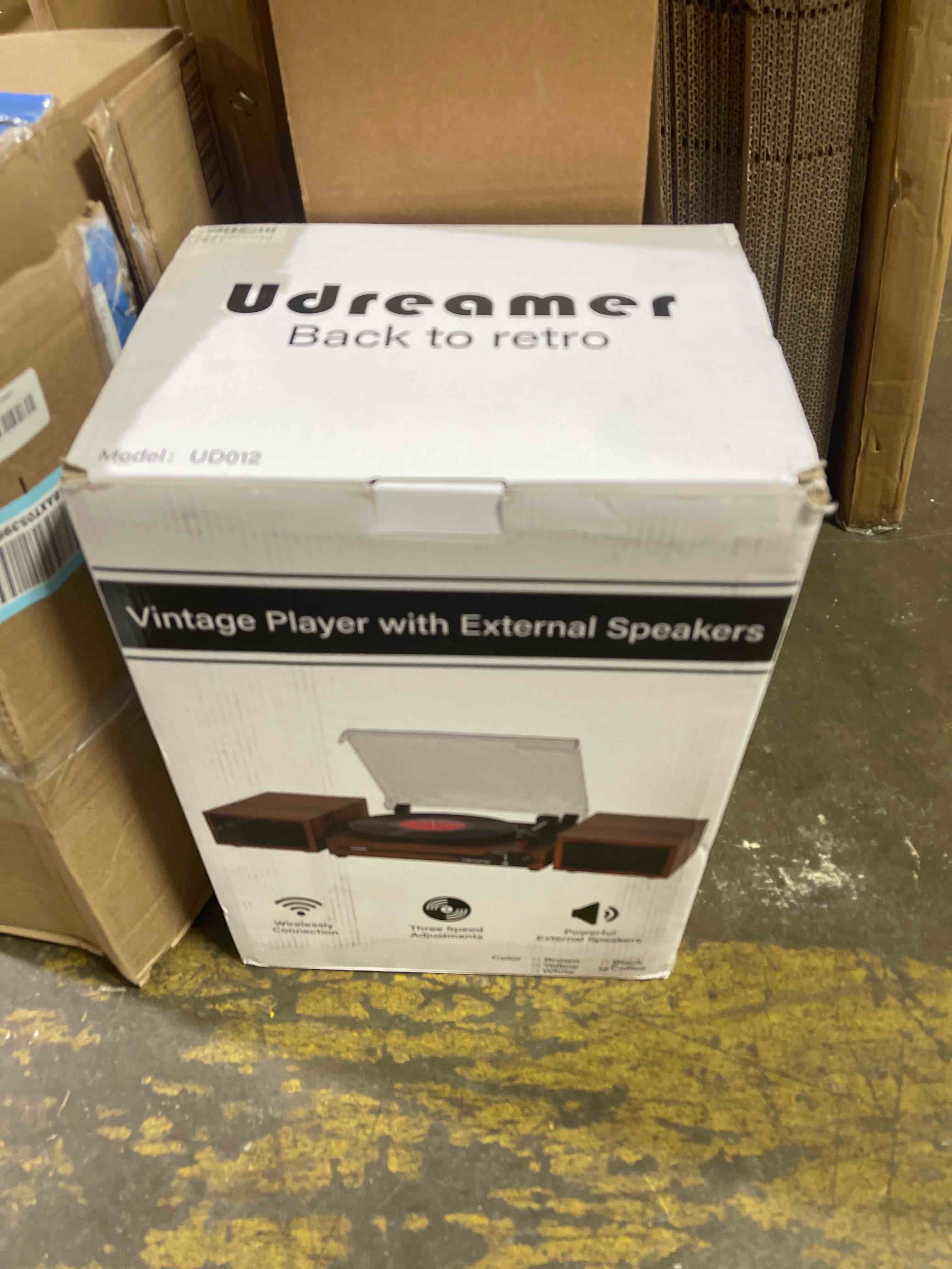 Condition photo showing New/Like New for vinyl record player with external speakers bt 5.3 wireless turntable portable with 3 speed usb vintage wooden coffee