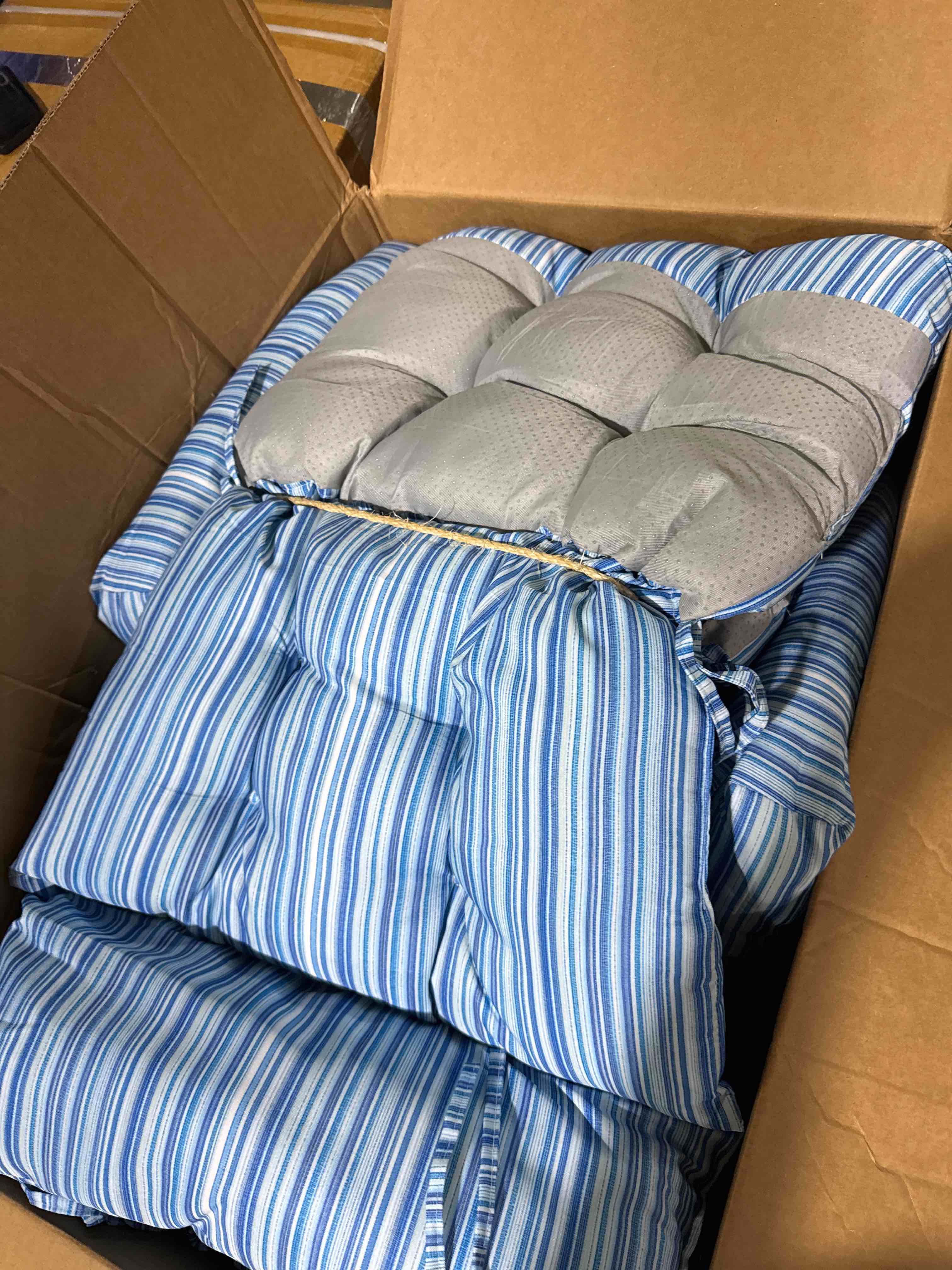 Condition photo showing New/Like New for marsui 4 pcs outdoor indoor high back chair cushions patio furniture tufted pillow with ties water-resistant replacement outdoor rocking chair cushions, 42 x 21 inches (blue stripes,stripes) 4 blue stripes stripes