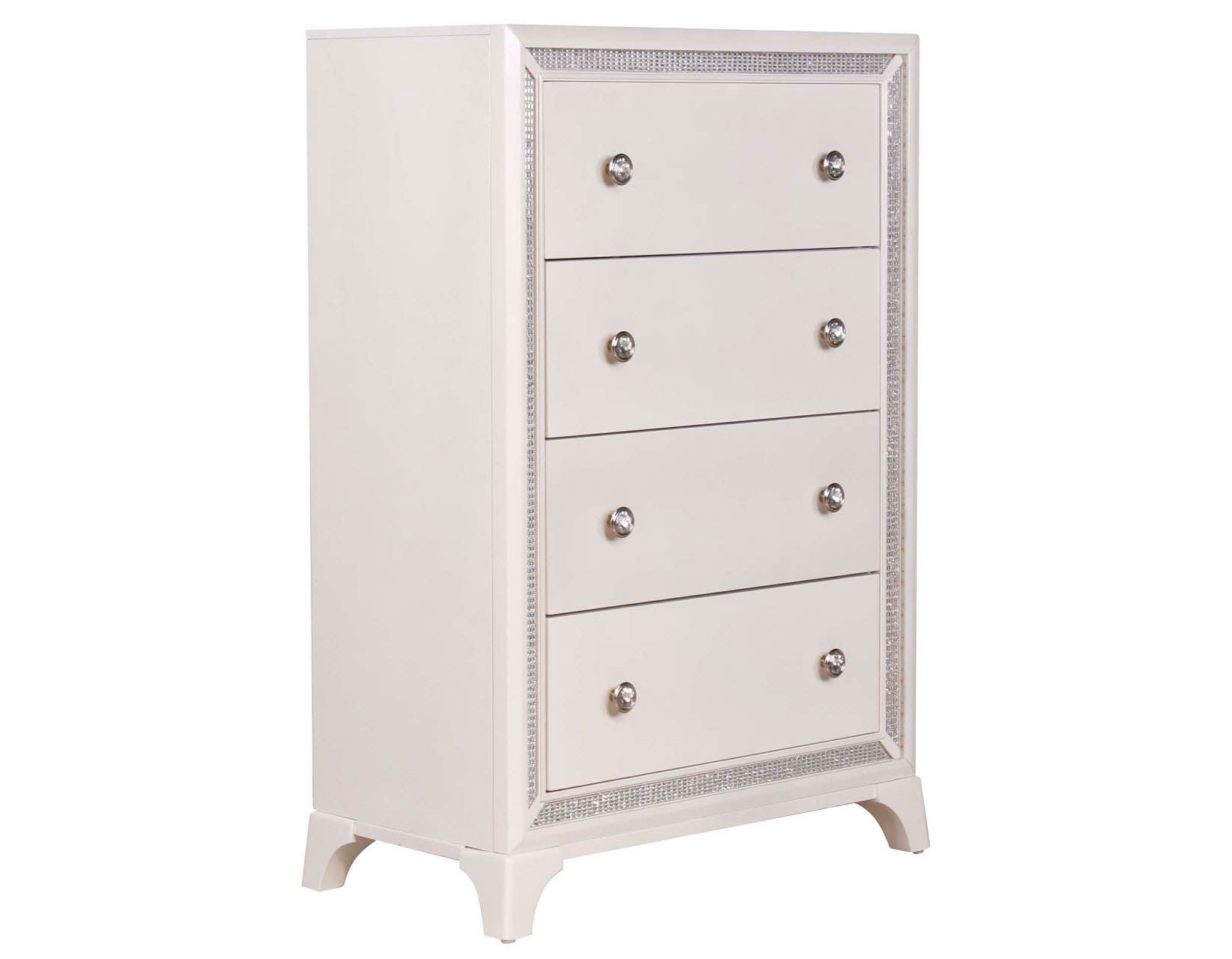 Condition photo showing New/Like New for cassie illuminating 5-drawer chest with shimmering pearl finish, crystal knobs, and crystal border. 32 x 17 x 48 in