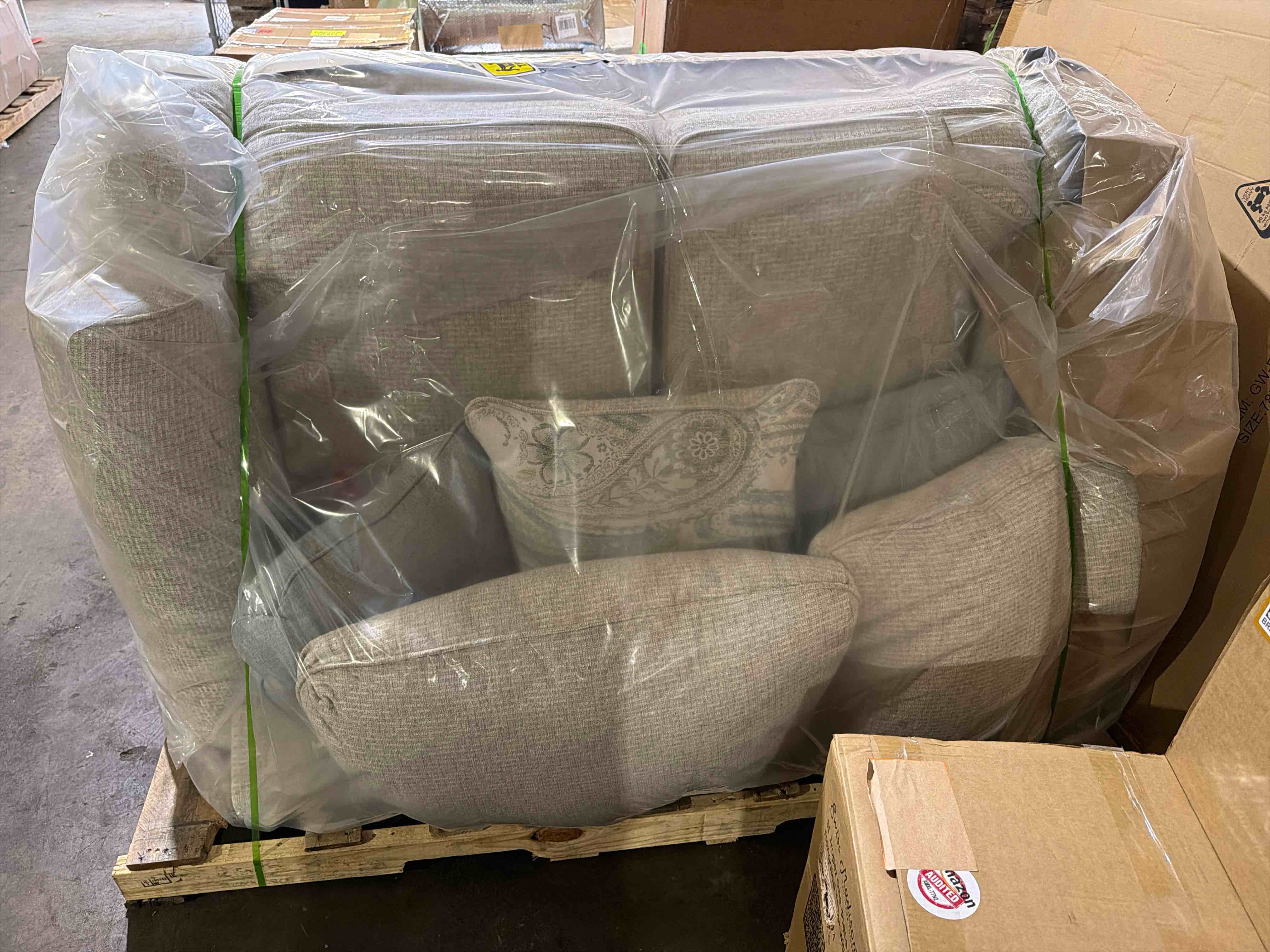 Condition photo showing New/Like New for beige monaghan vintage loveseat with accent pillows, reversible cushions, rolled arms, newly packaged